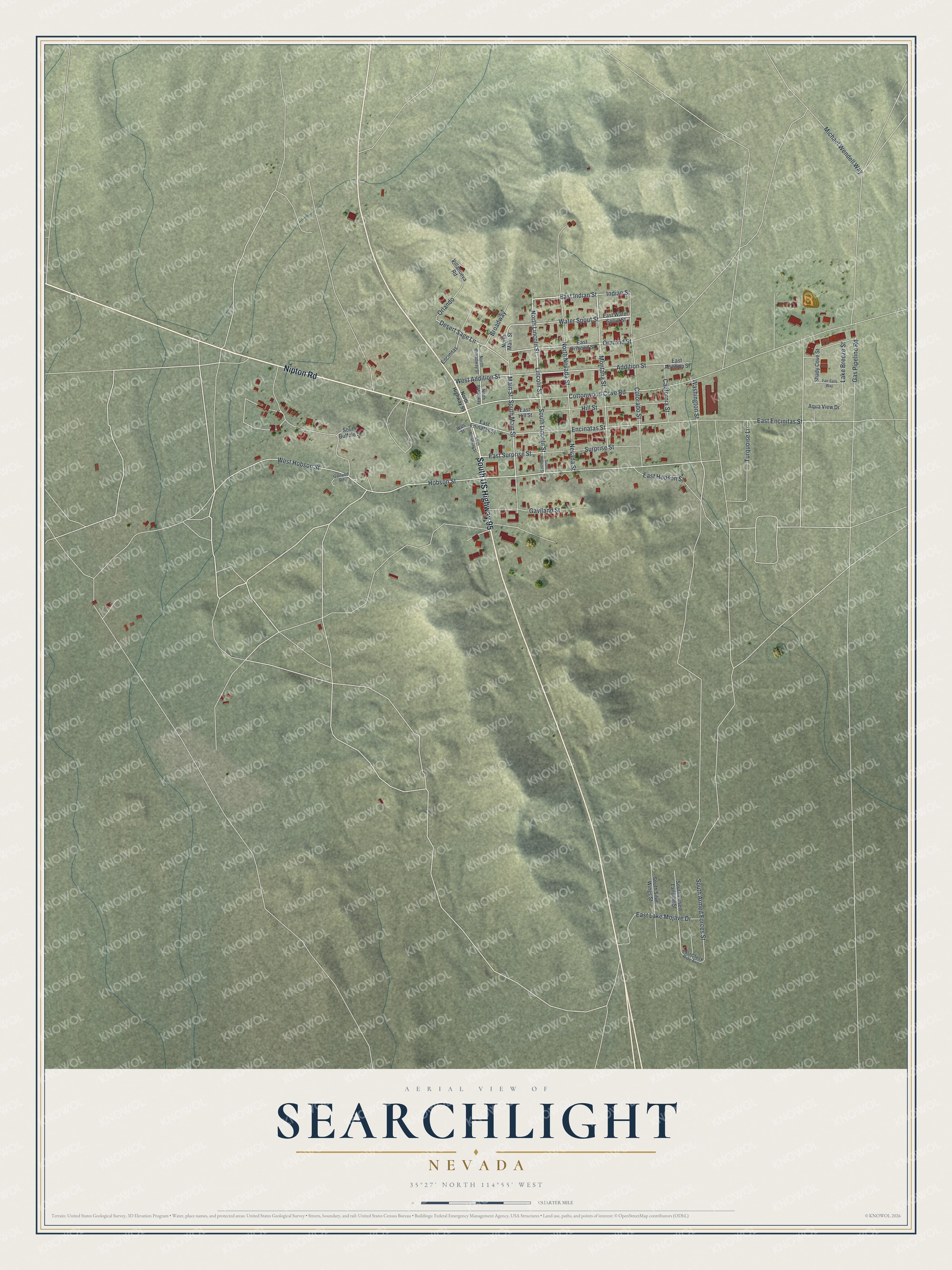 Full map of Searchlight, Nevada, with red buildings, printed street names and the land around them
