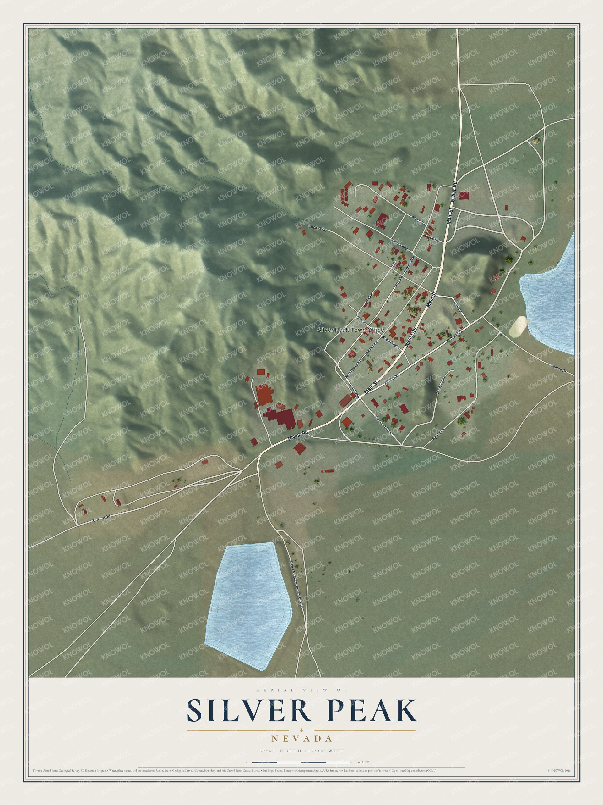 Full map of Silver Peak, Nevada, with red buildings, printed street names and the land around them