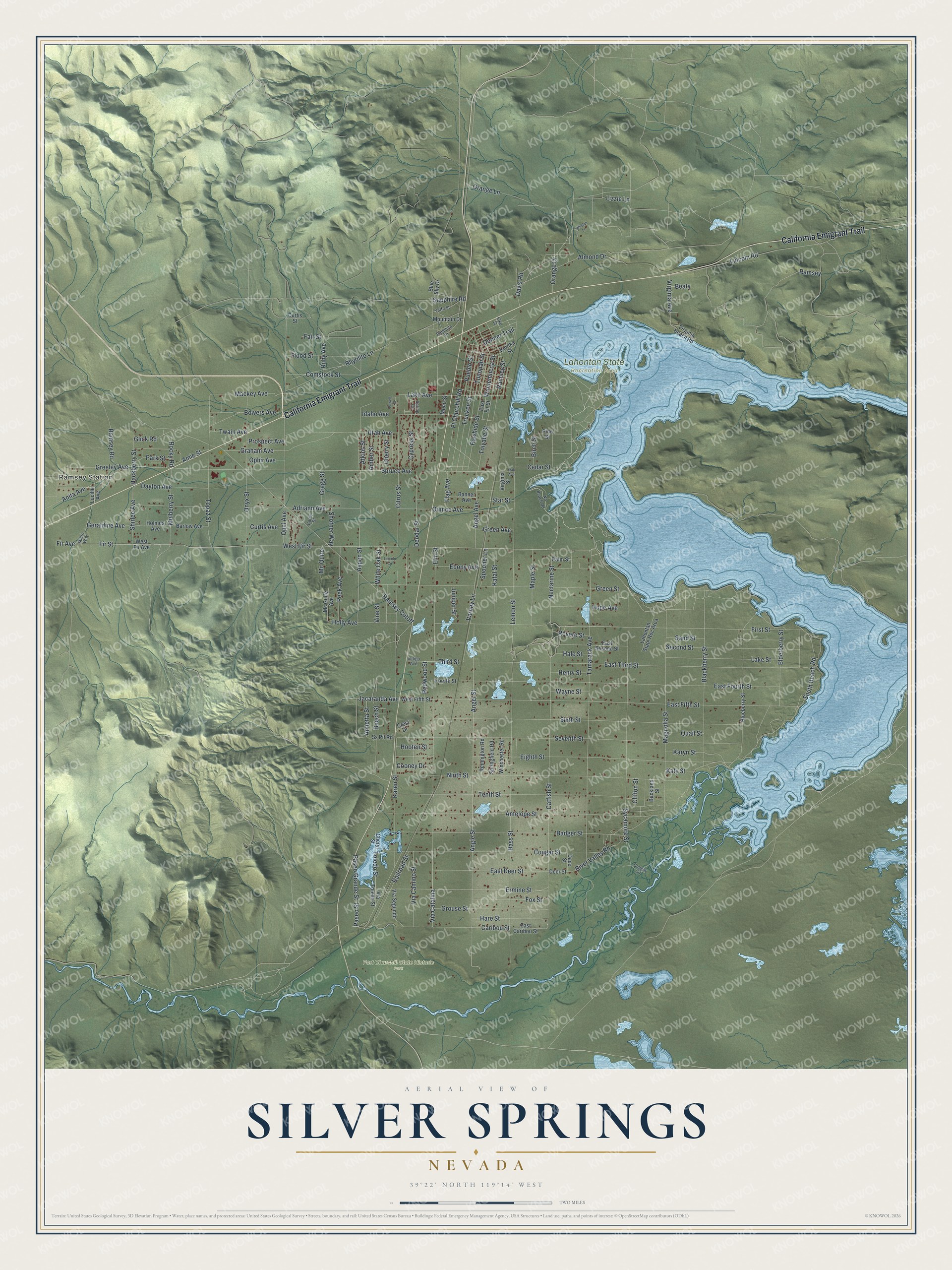 Full map of Silver Springs, Nevada, with red buildings, printed street names and the land around them