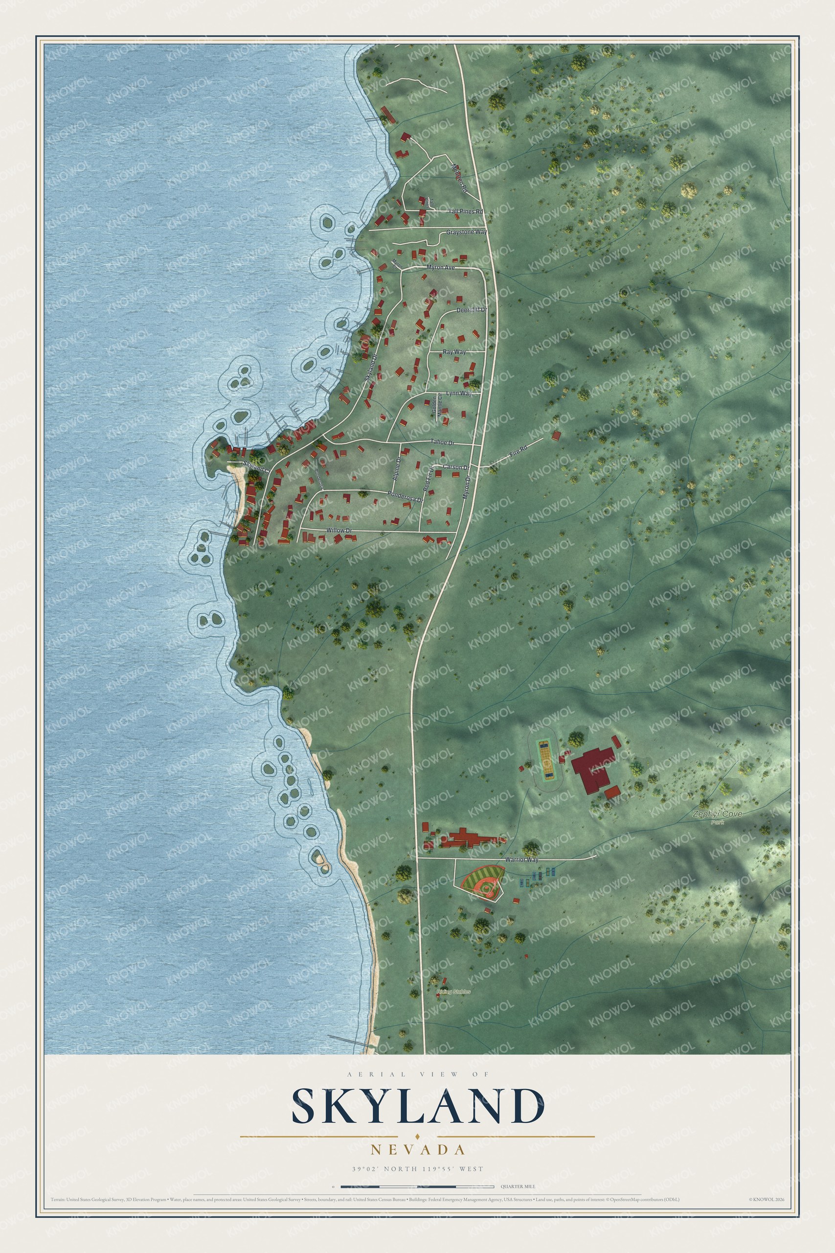 Full map of Skyland, Nevada, with red buildings, printed street names and the land around them