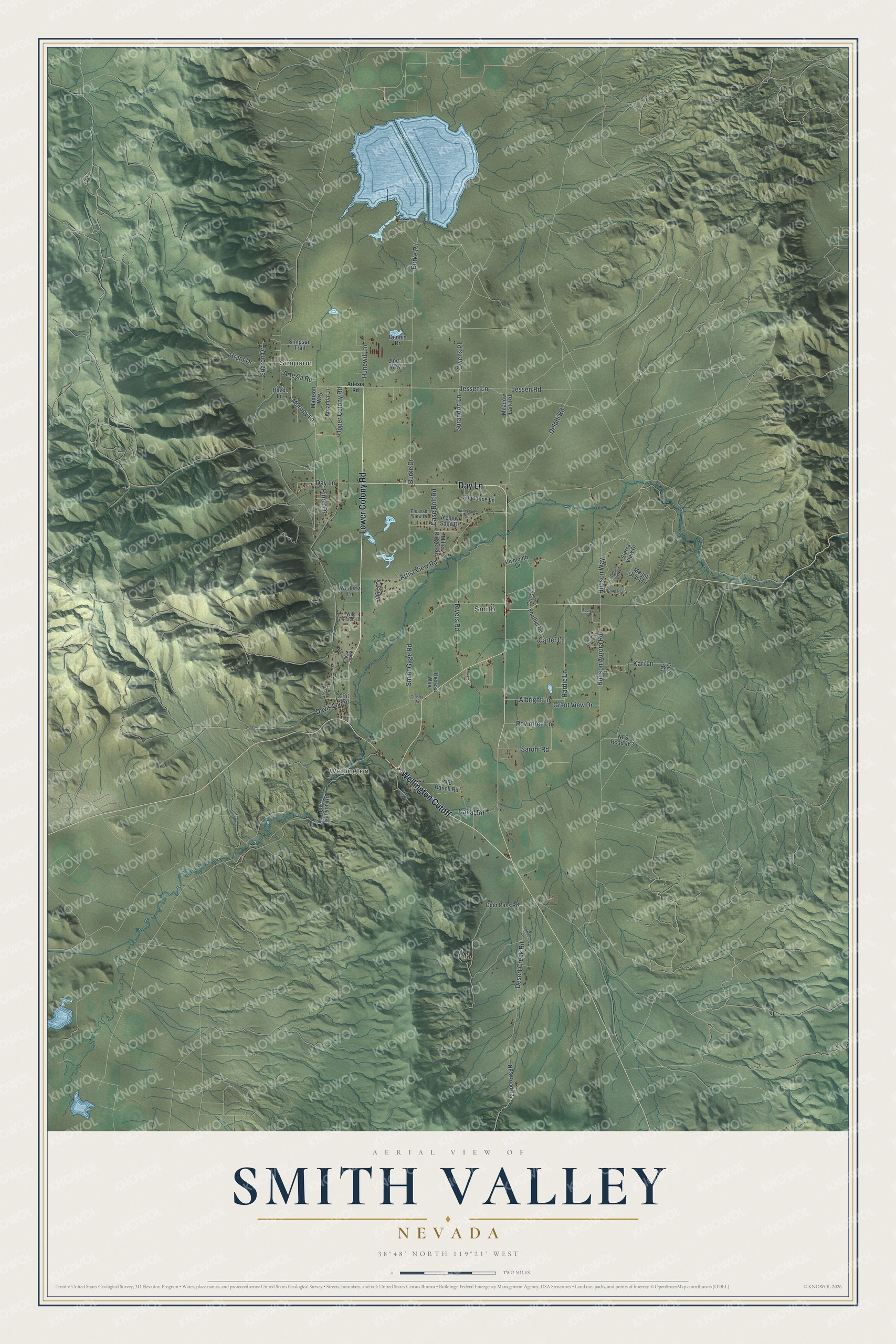 Full map of Smith Valley, Nevada, with red buildings, printed street names and the land around them