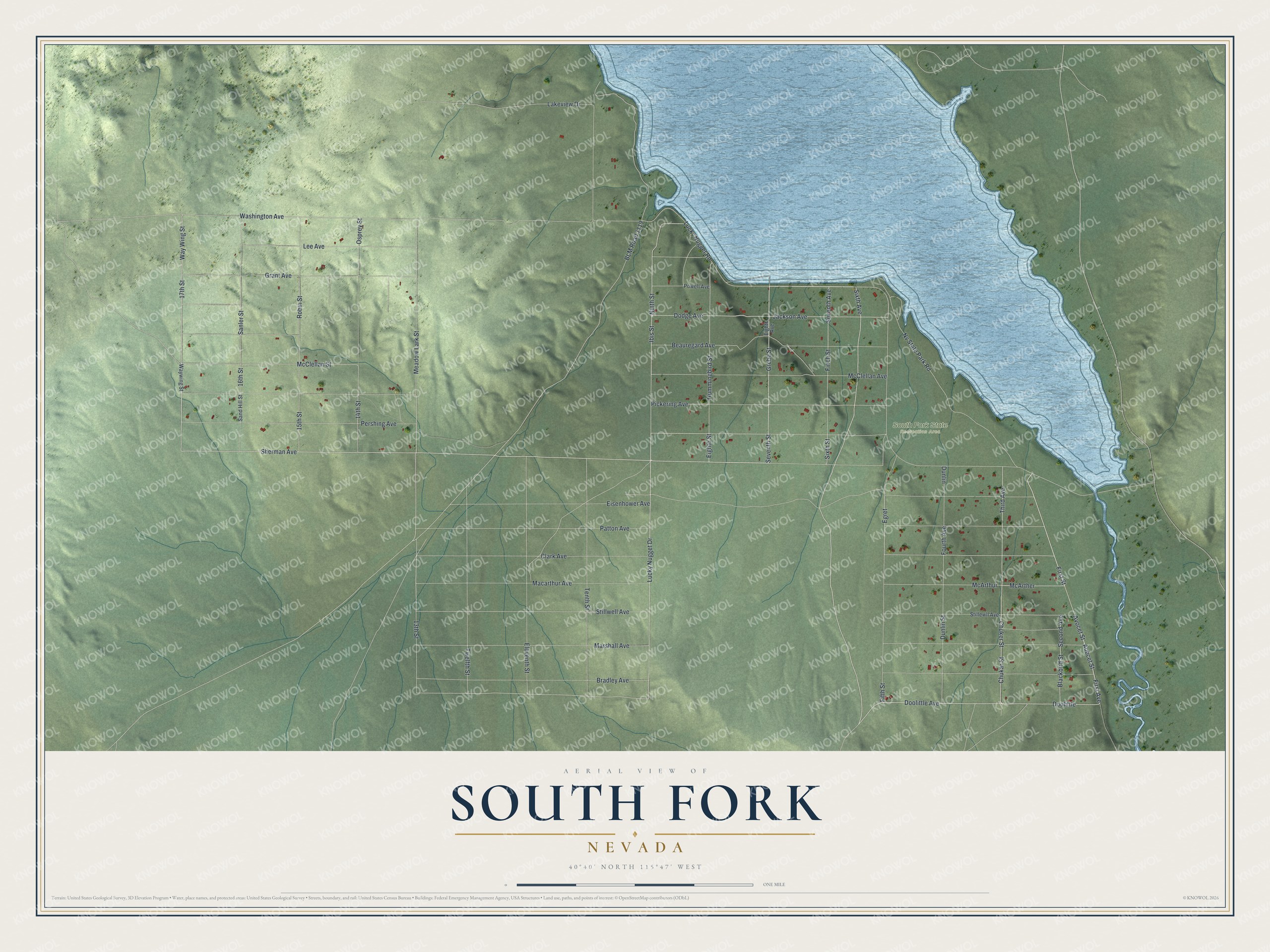 Full map of South Fork, Nevada, with red buildings, printed street names and the land around them