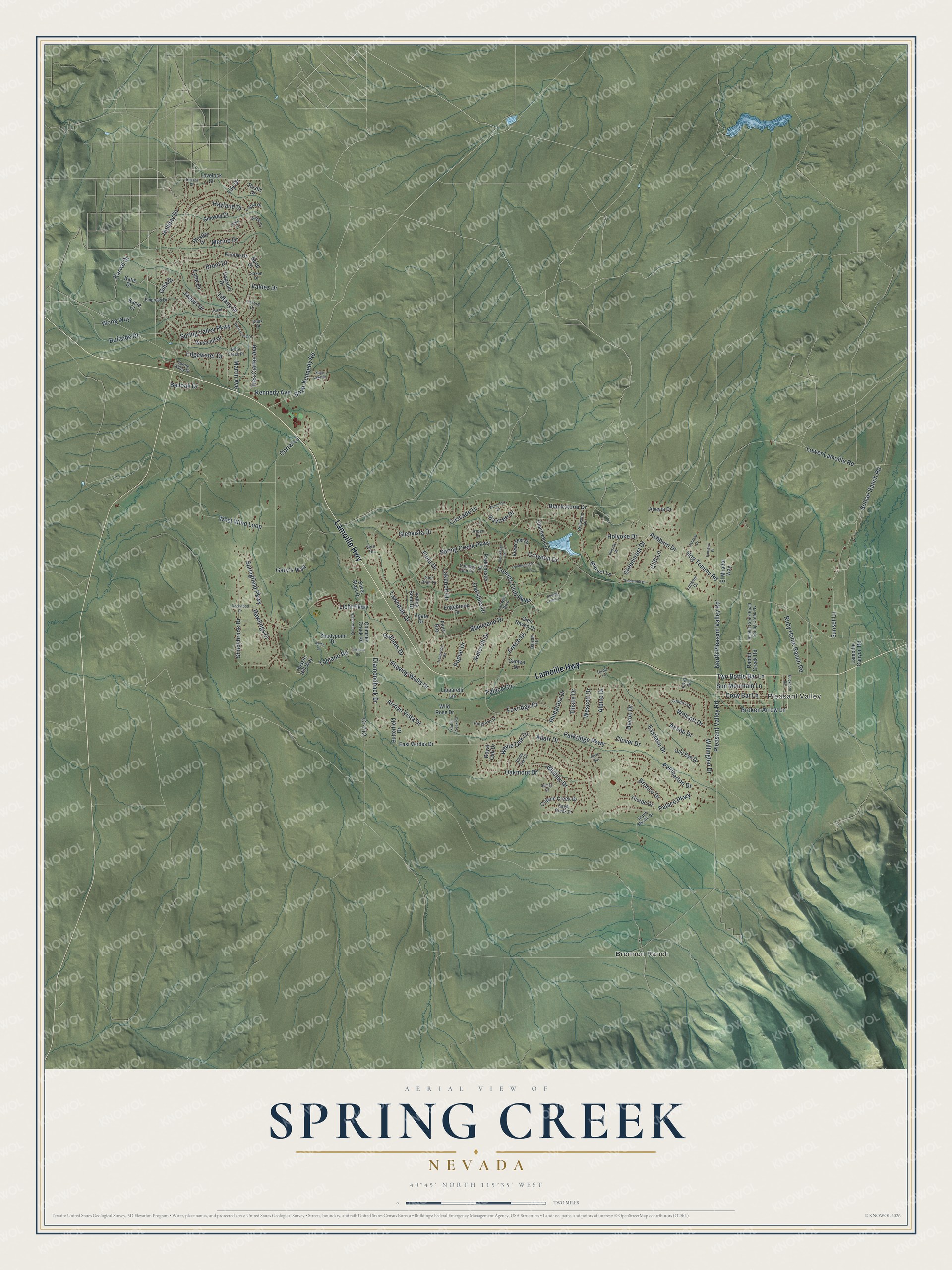 Full map of Spring Creek, Nevada, with red buildings, printed street names and the land around them