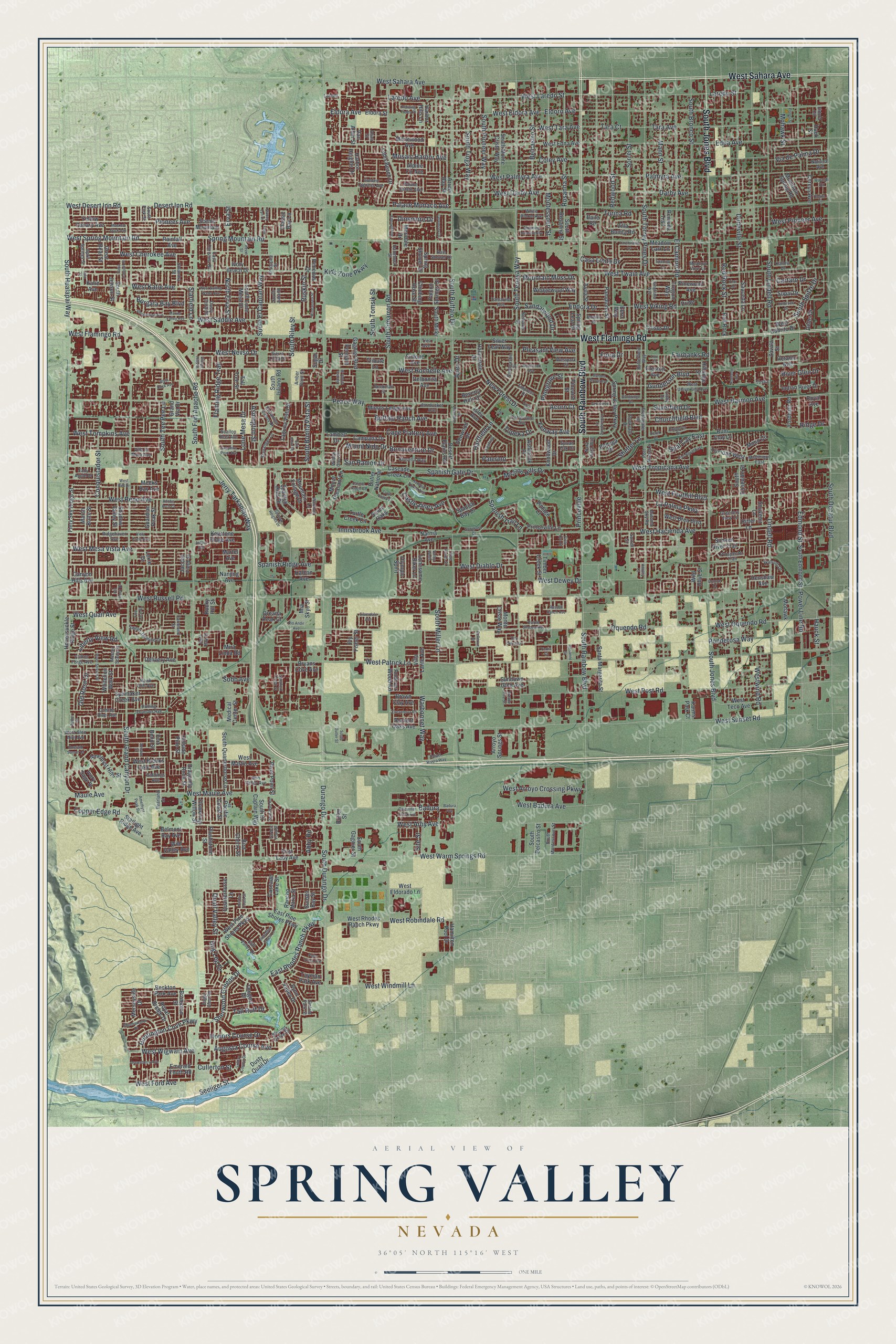 Full map of Spring Valley, Nevada, with red buildings, printed street names and the land around them