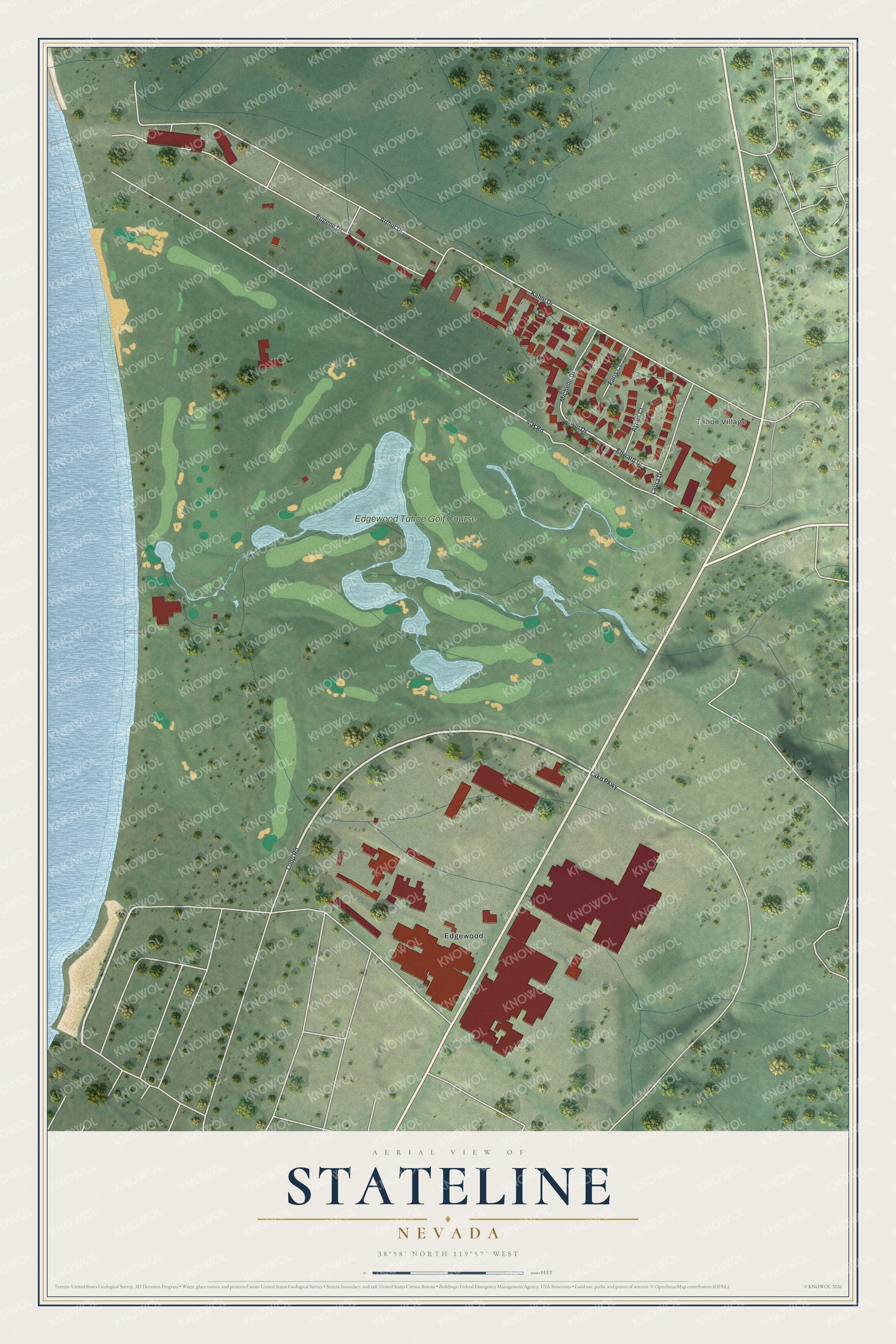 Full map of Stateline, Nevada, with red buildings, printed street names and the land around them