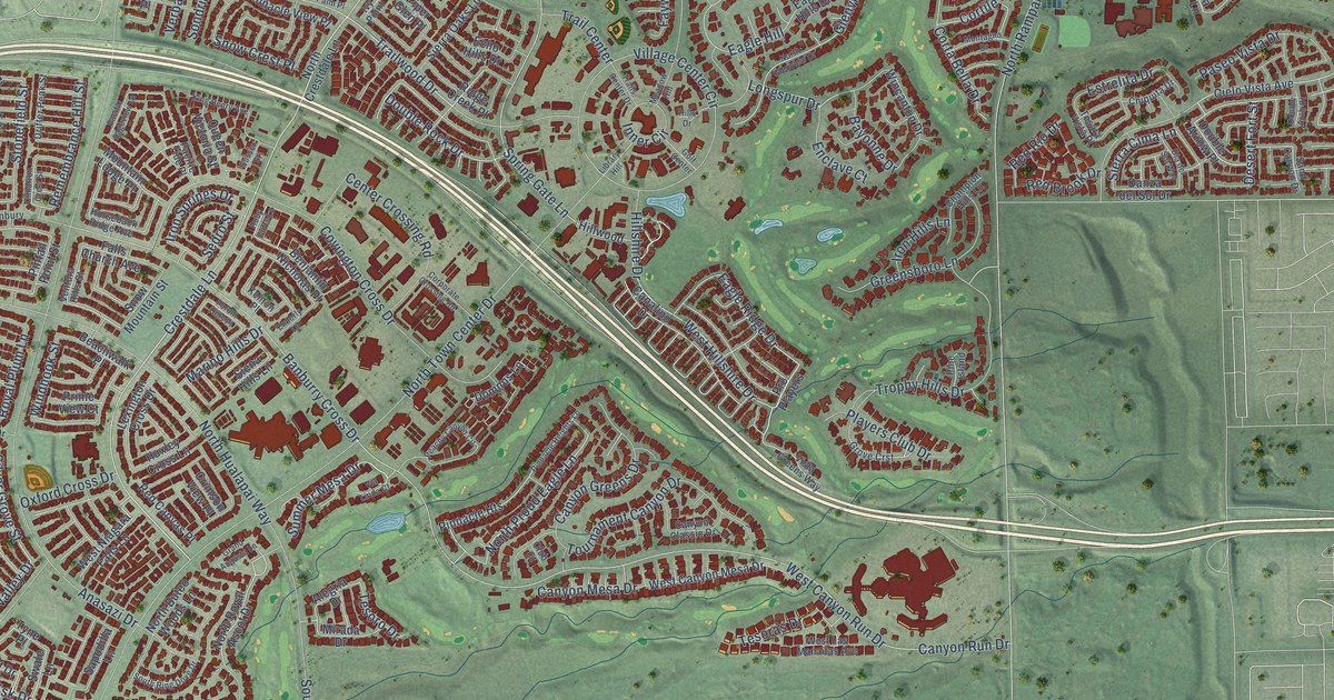 Close-up of streets and buildings in Summerlin, Nevada