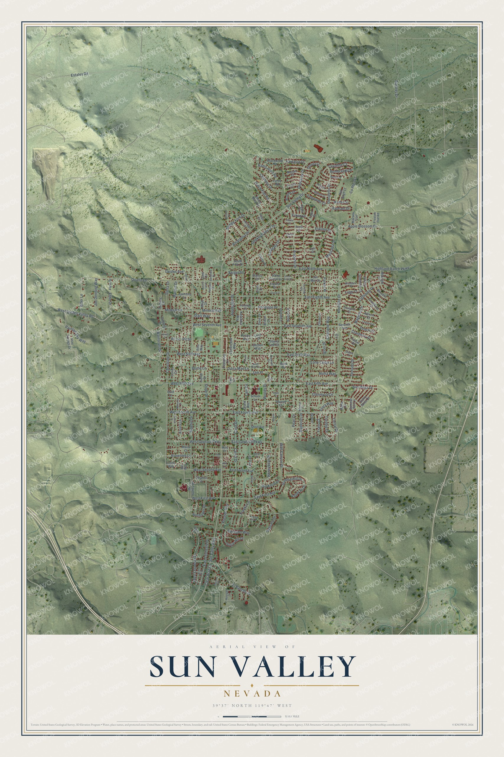 Full map of Sun Valley, Nevada, with red buildings, printed street names and the land around them