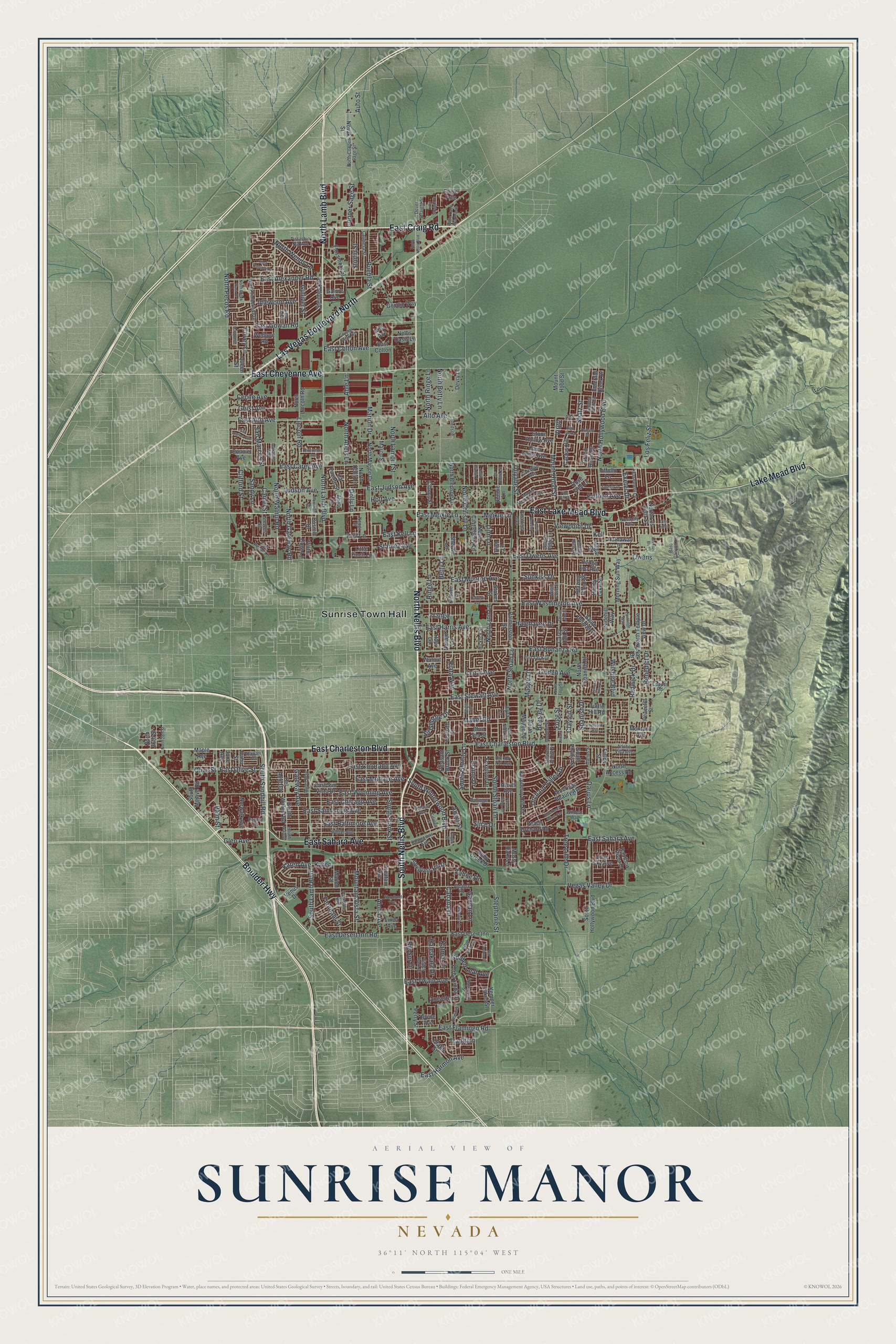 Full map of Sunrise Manor, Nevada, with red buildings, printed street names and the land around them