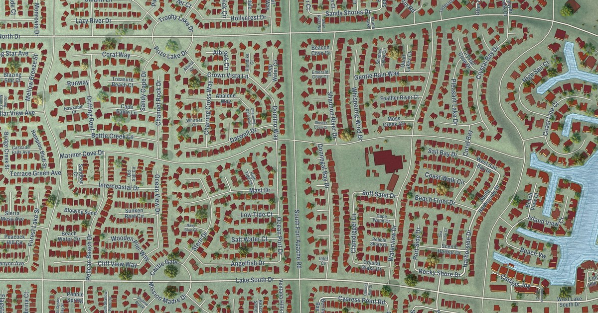 Close-up of streets and buildings in The Lakes, Nevada