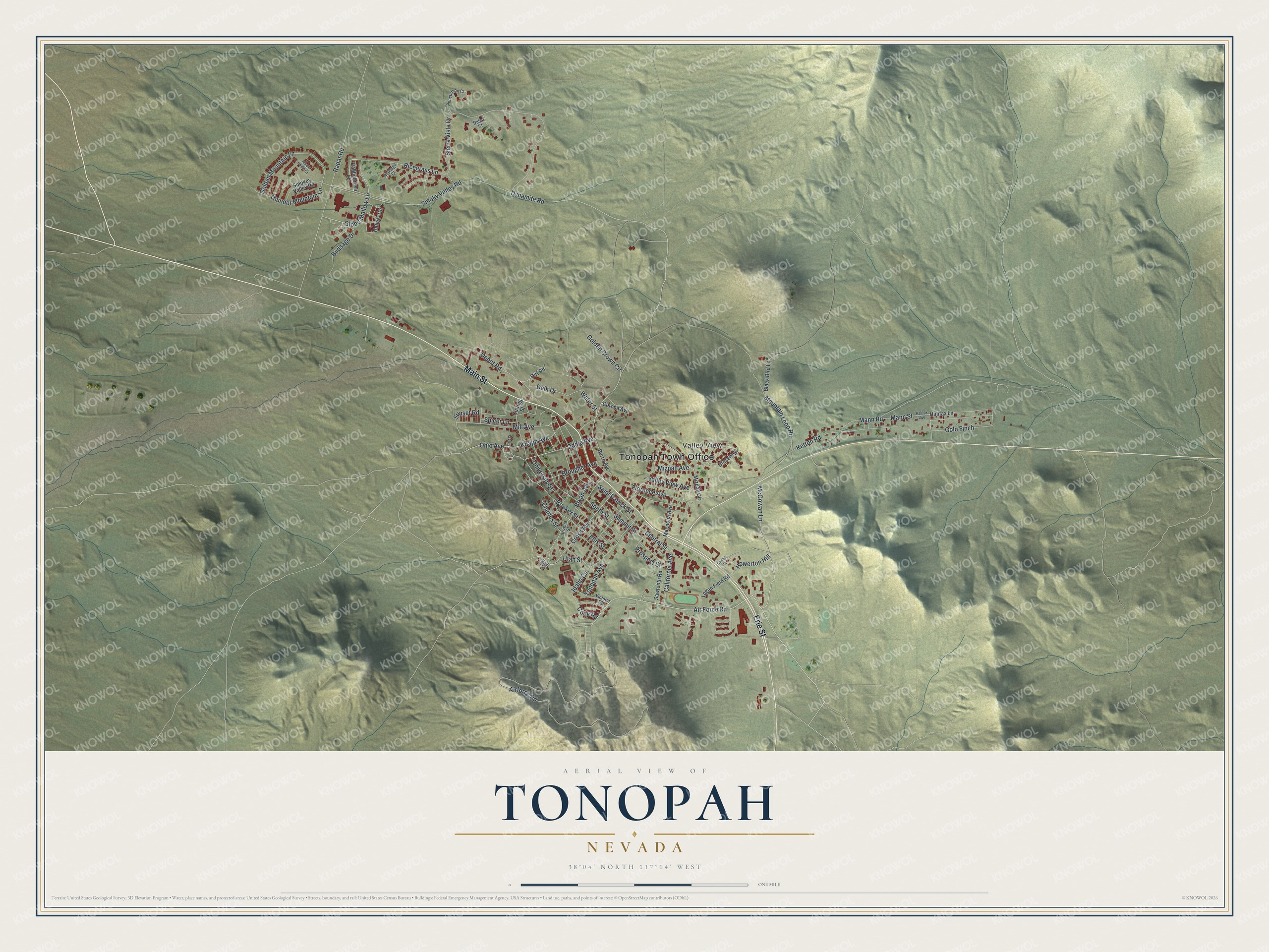 Full map of Tonopah, Nevada, with red buildings, printed street names and the land around them
