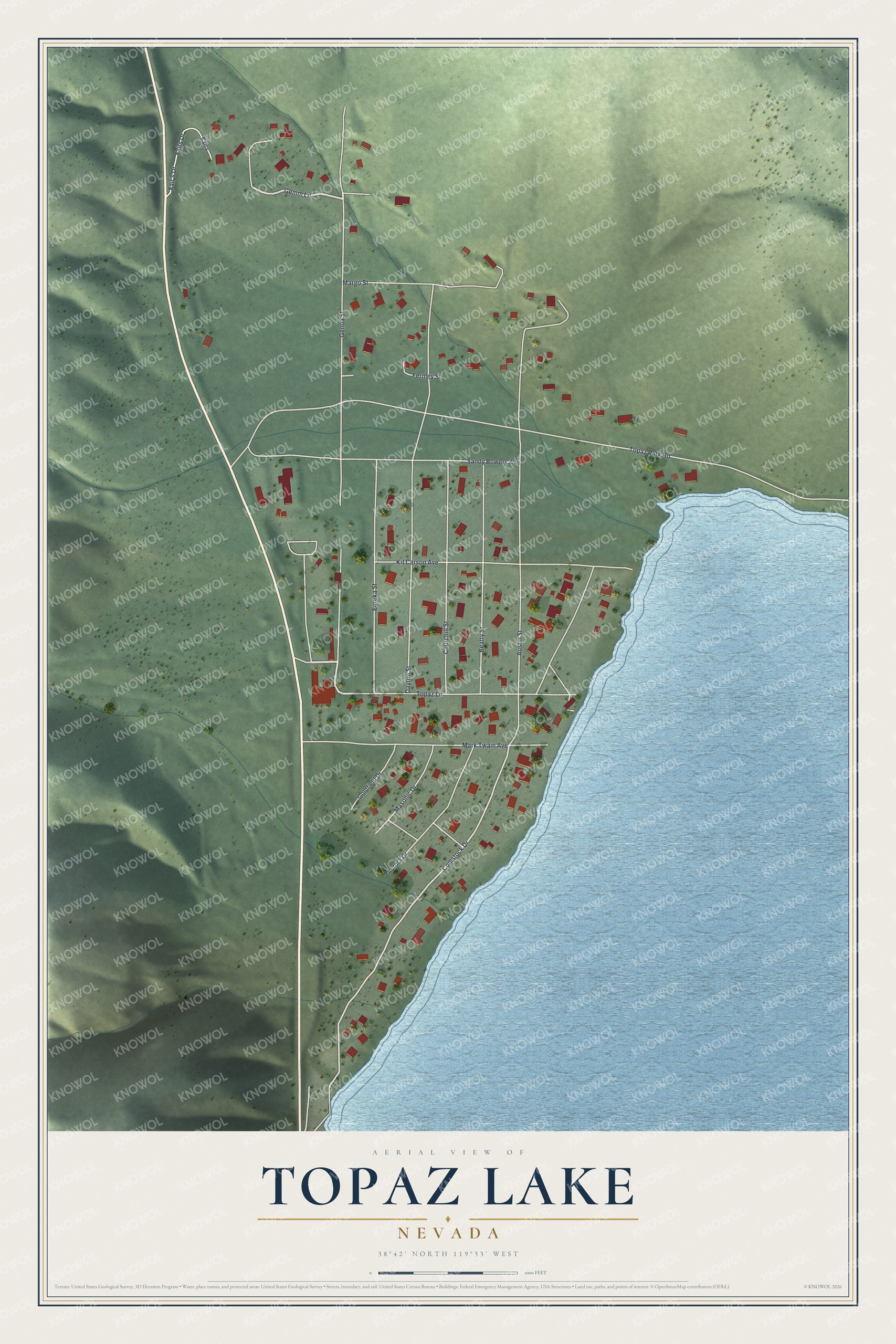Full map of Topaz Lake, Nevada, with red buildings, printed street names and the land around them