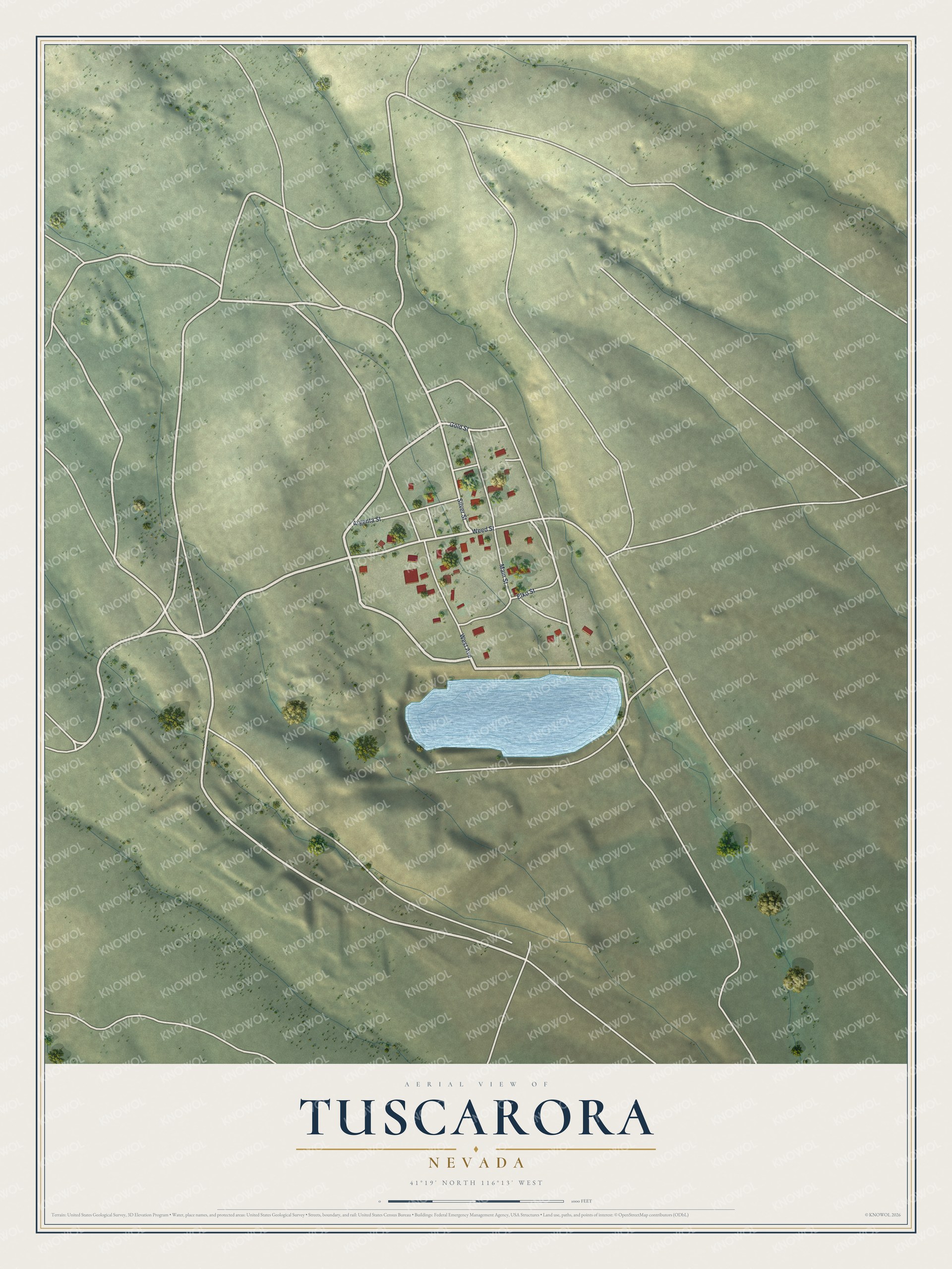 Full map of Tuscarora, Nevada, with red buildings, printed street names and the land around them