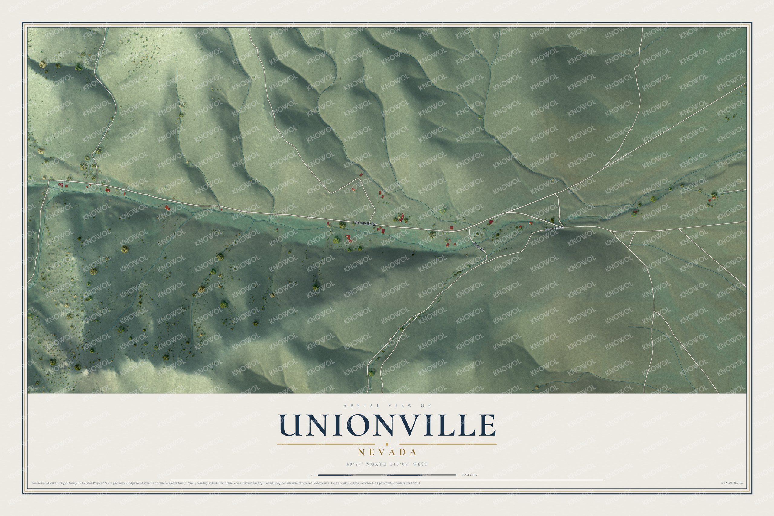 Full map of Unionville, Nevada, with red buildings, printed street names and the land around them