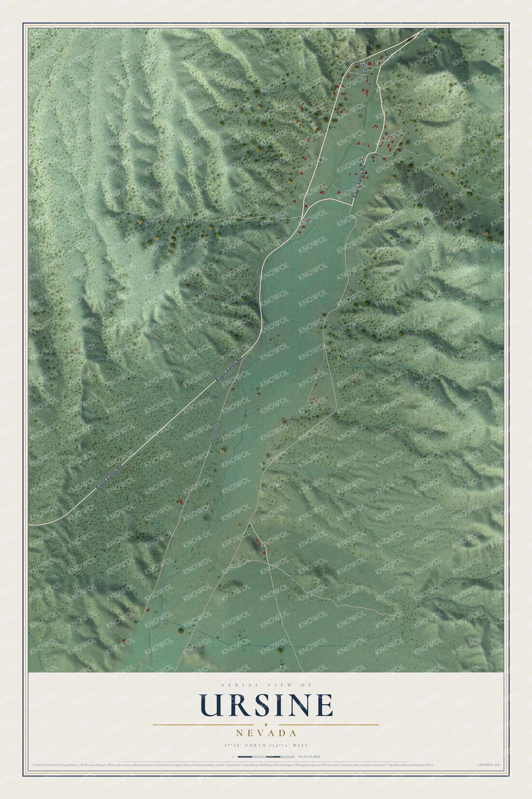 Full map of Ursine, Nevada, with red buildings, printed street names and the land around them
