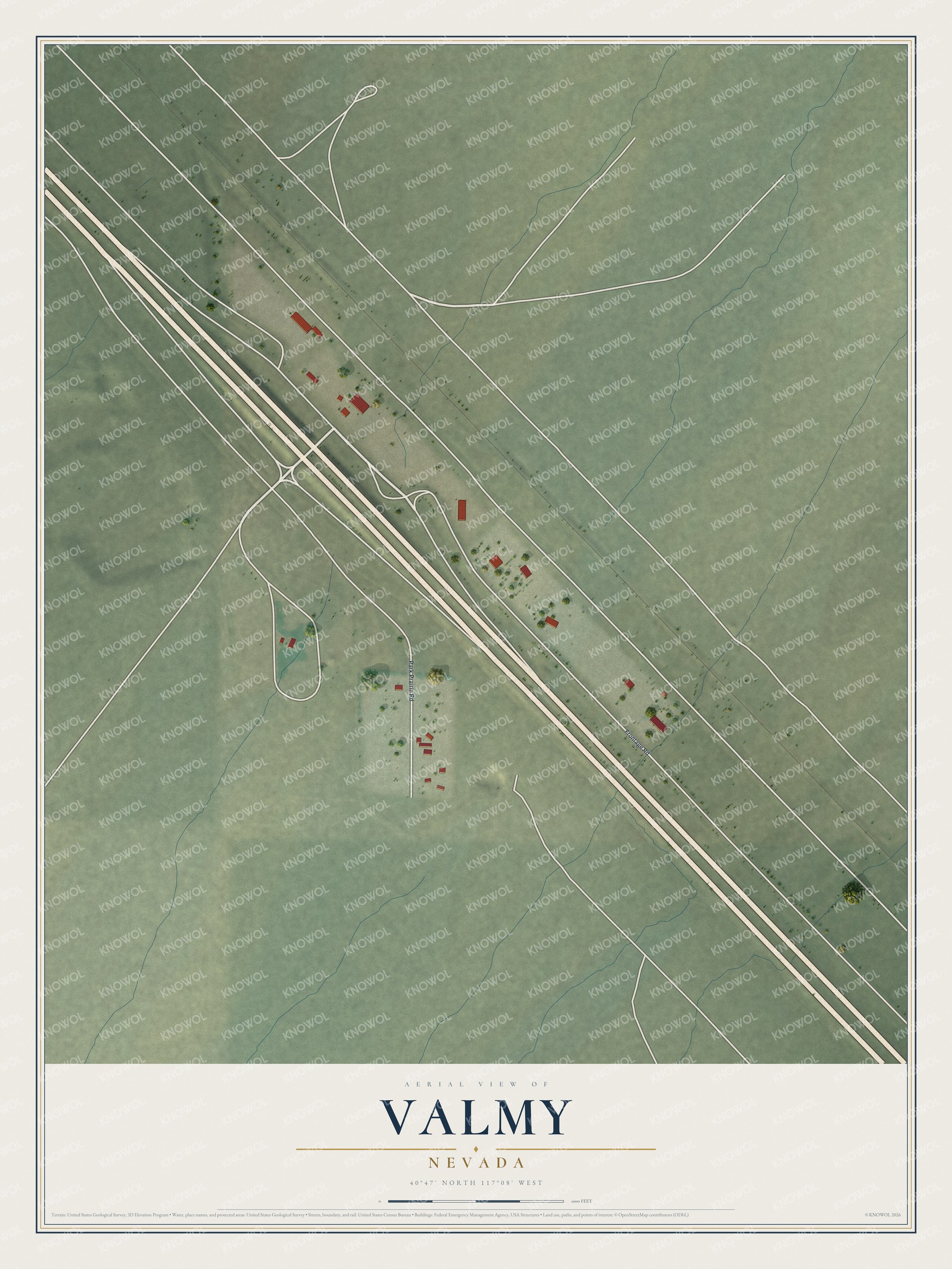 Full map of Valmy, Nevada, with red buildings, printed street names and the land around them