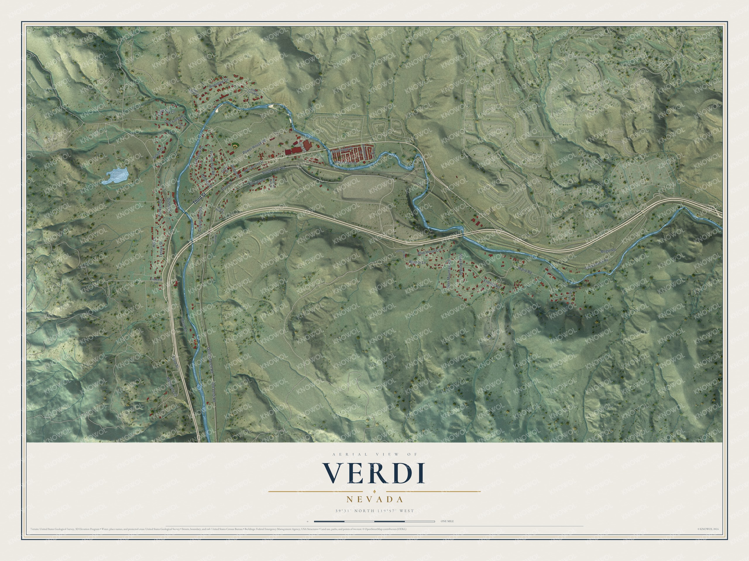 Full map of Verdi, Nevada, with red buildings, printed street names and the land around them