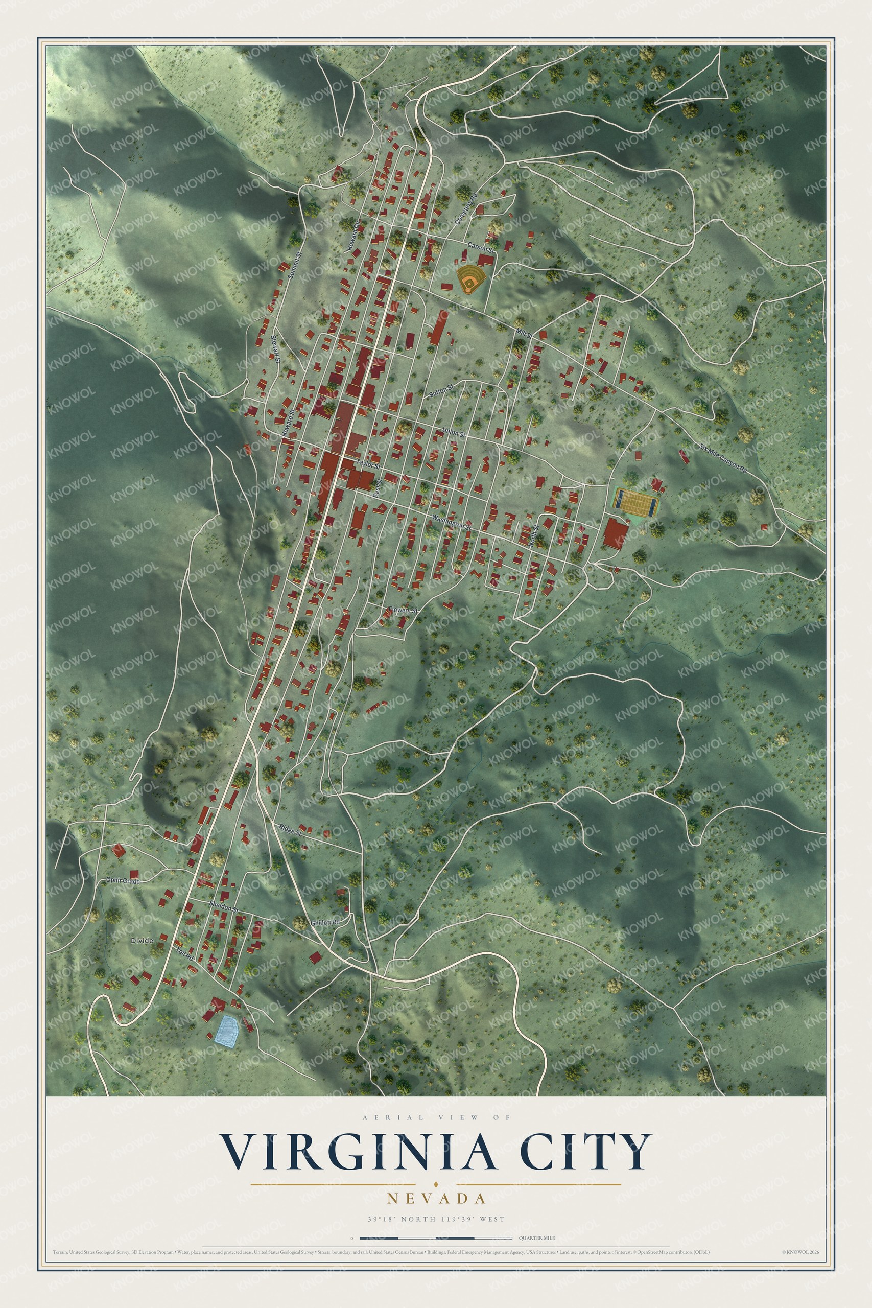 Full map of Virginia City, Nevada, with red buildings, printed street names and the land around them