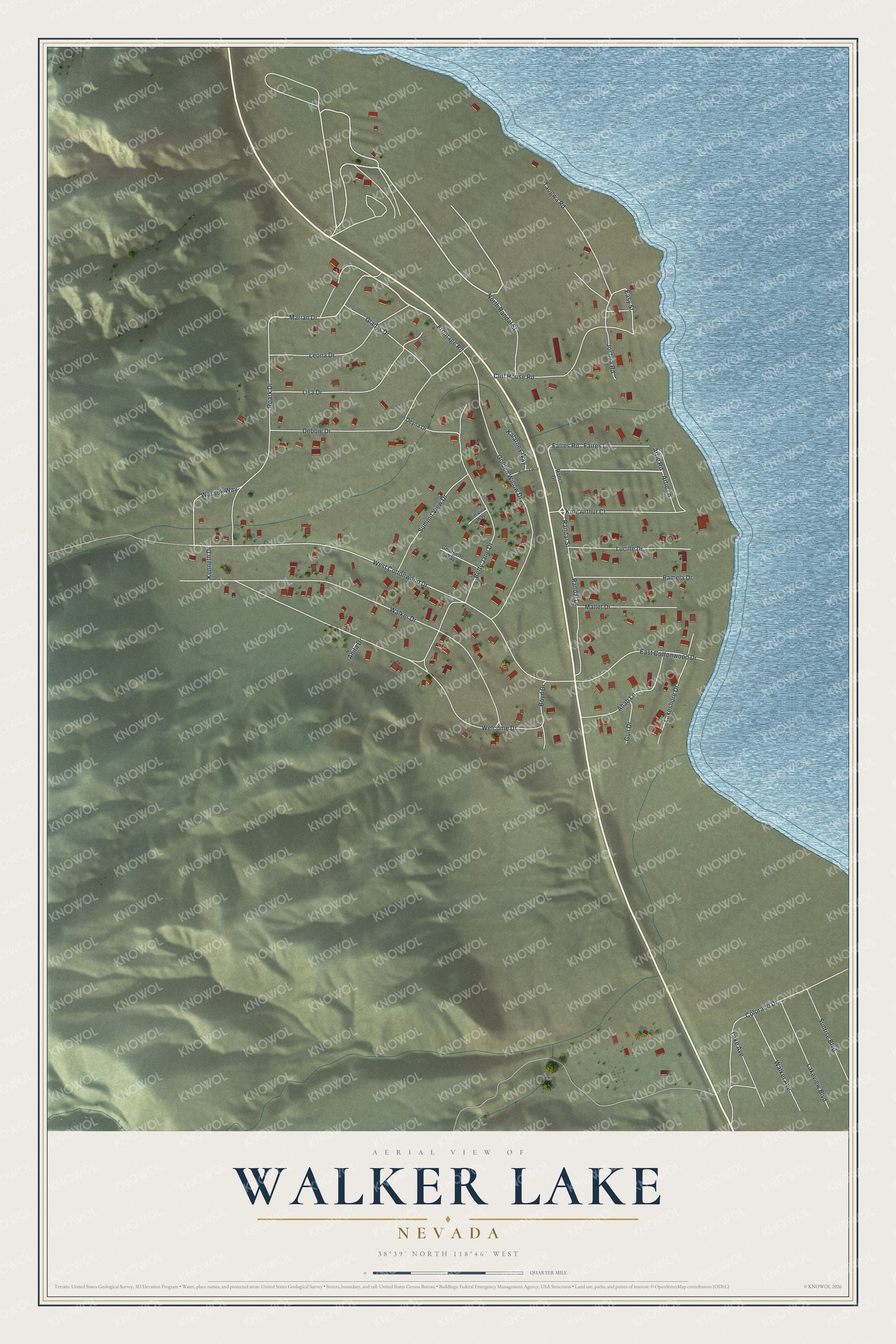Full map of Walker Lake, Nevada, with red buildings, printed street names and the land around them