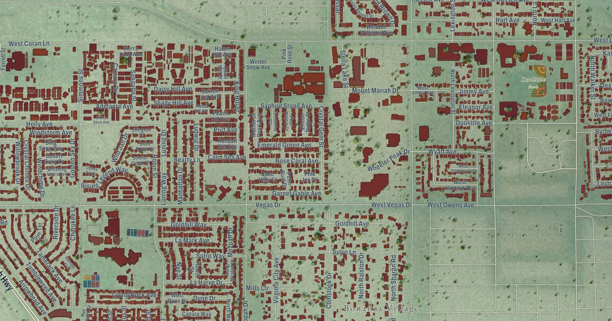 Close-up of streets and buildings in West Las Vegas, Nevada