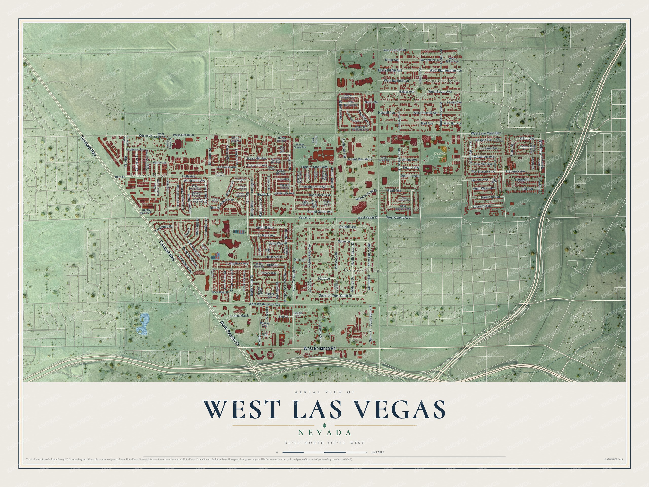 Full map of West Las Vegas, Nevada, with red buildings, printed street names and the land around them