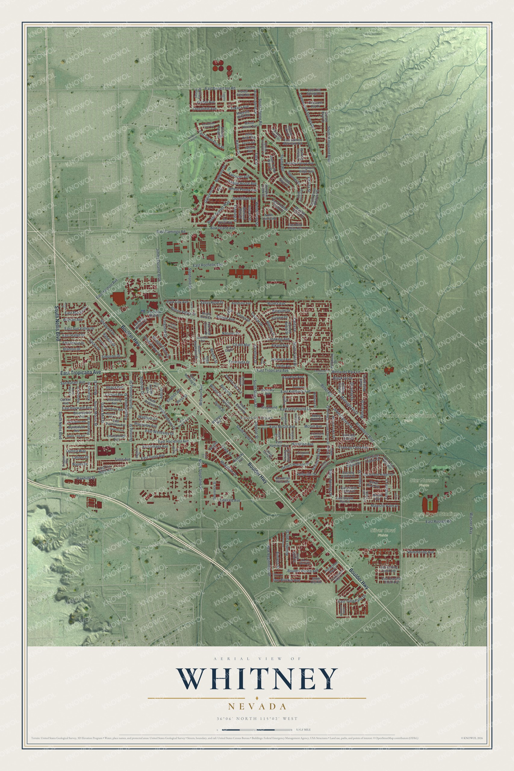 Full map of Whitney, Nevada, with red buildings, printed street names and the land around them