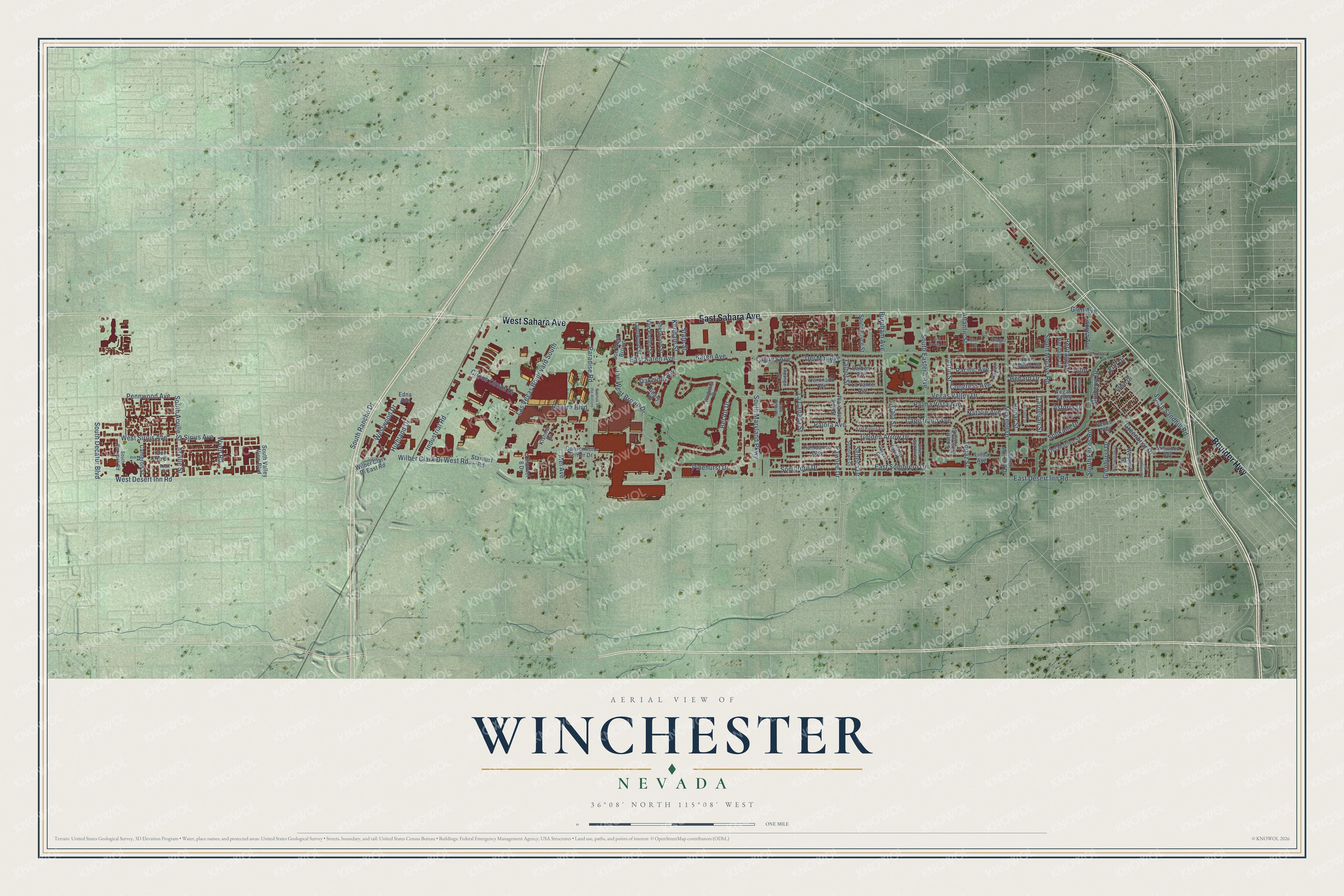 Full map of Winchester, Nevada, with red buildings, printed street names and the land around them
