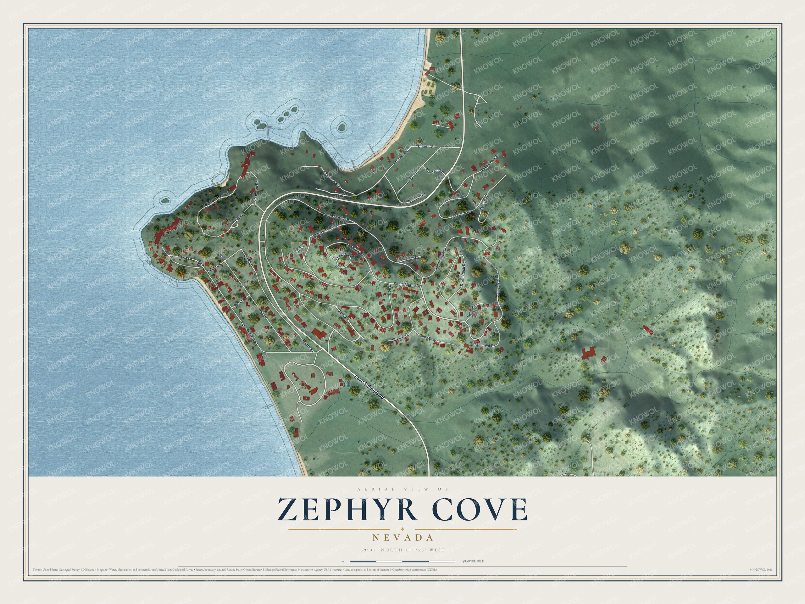 Full map of Zephyr Cove, Nevada, with red buildings, printed street names and the land around them