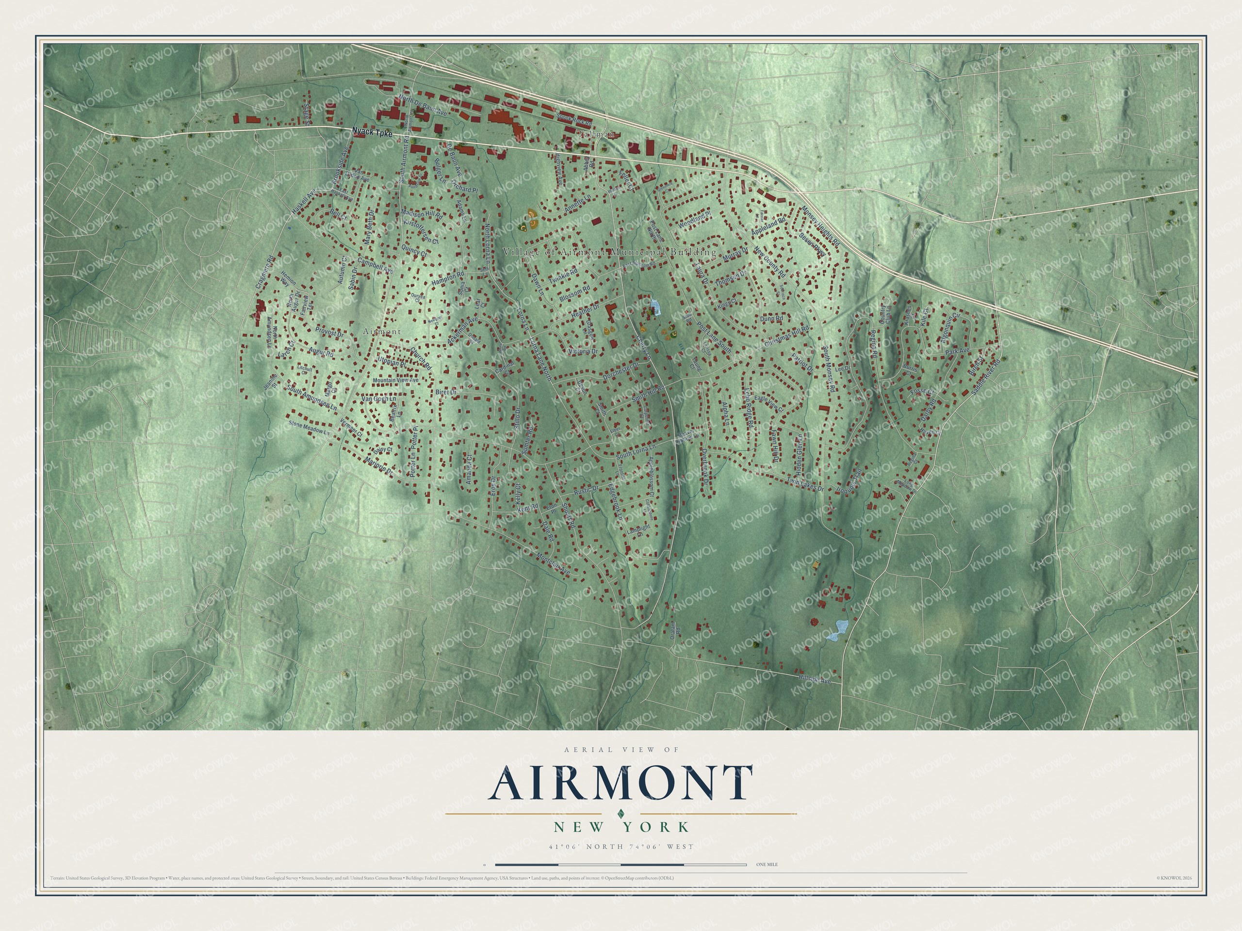Detailed map of Airmont, New York, showing streets and buildings