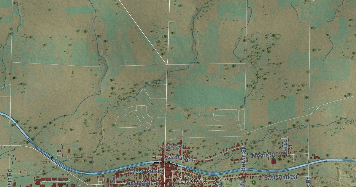Close-up of streets and buildings in Albion, Orleans County, New York