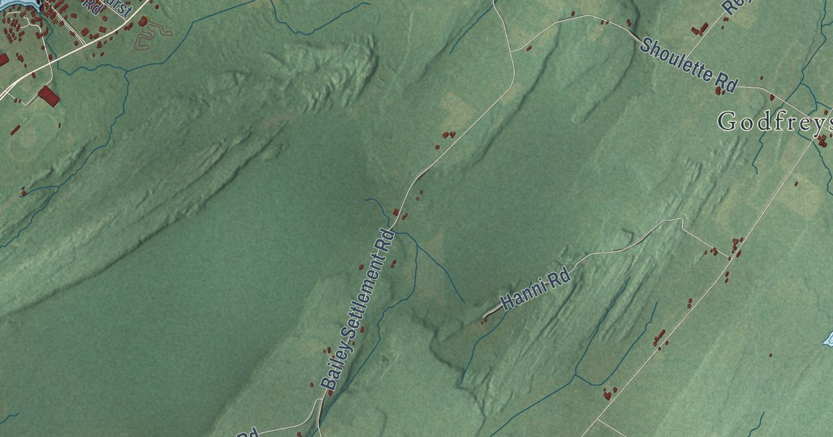 Close-up of streets and buildings in Alexandria, New York