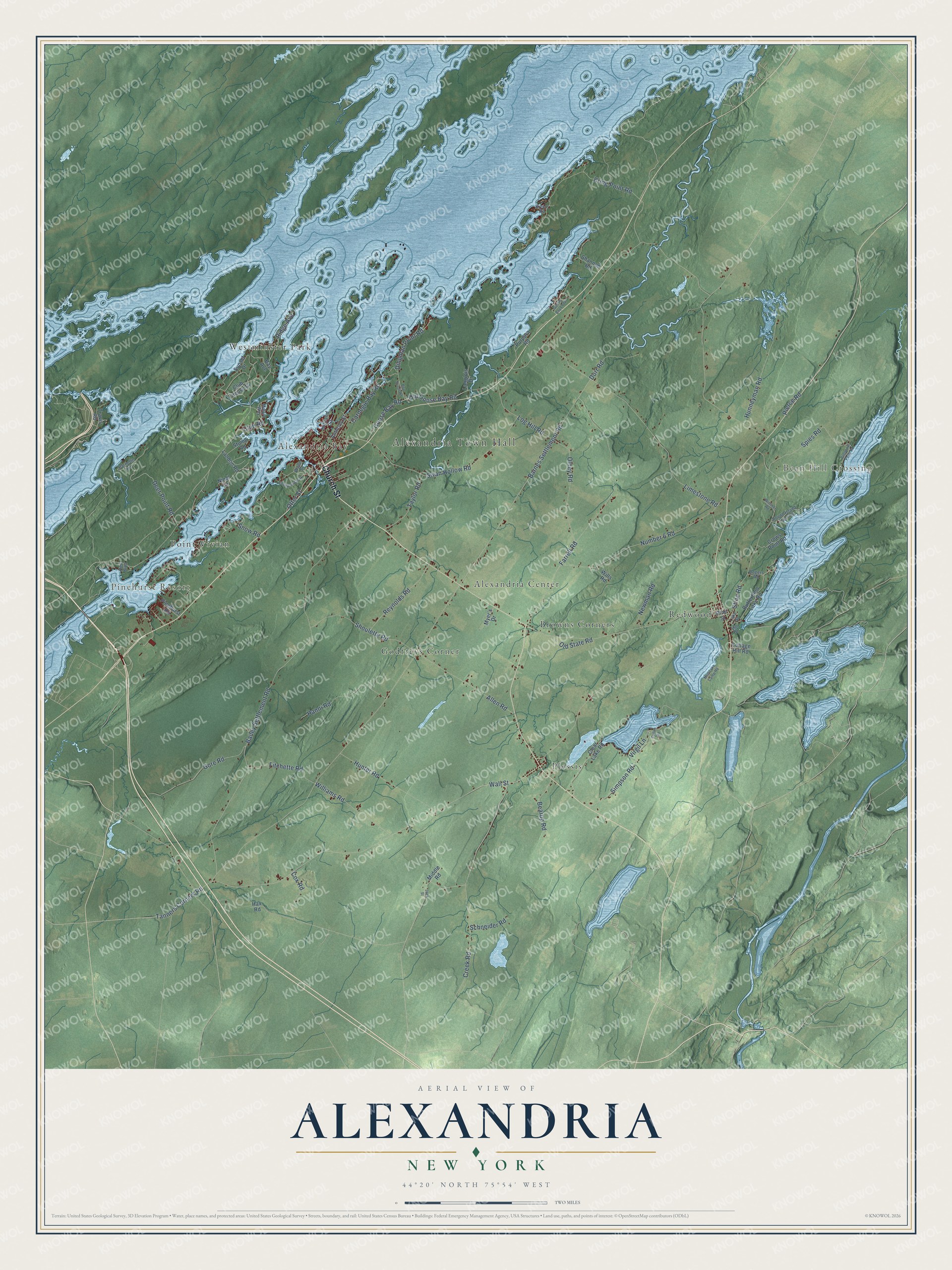 Detailed map of Alexandria, New York, showing streets, buildings, neighborhoods, and parks