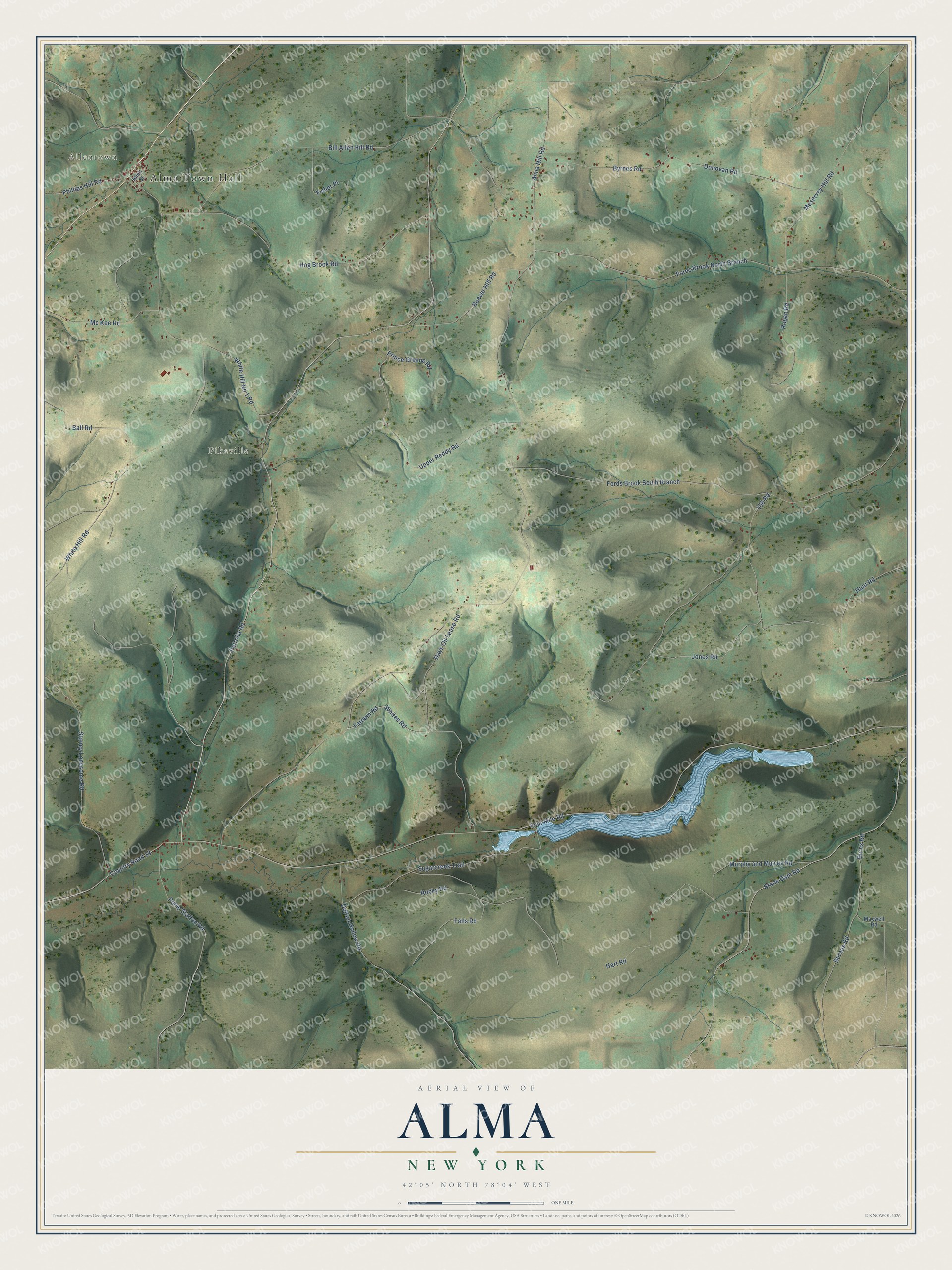 Detailed map of Alma, New York, showing streets, buildings, and neighborhoods