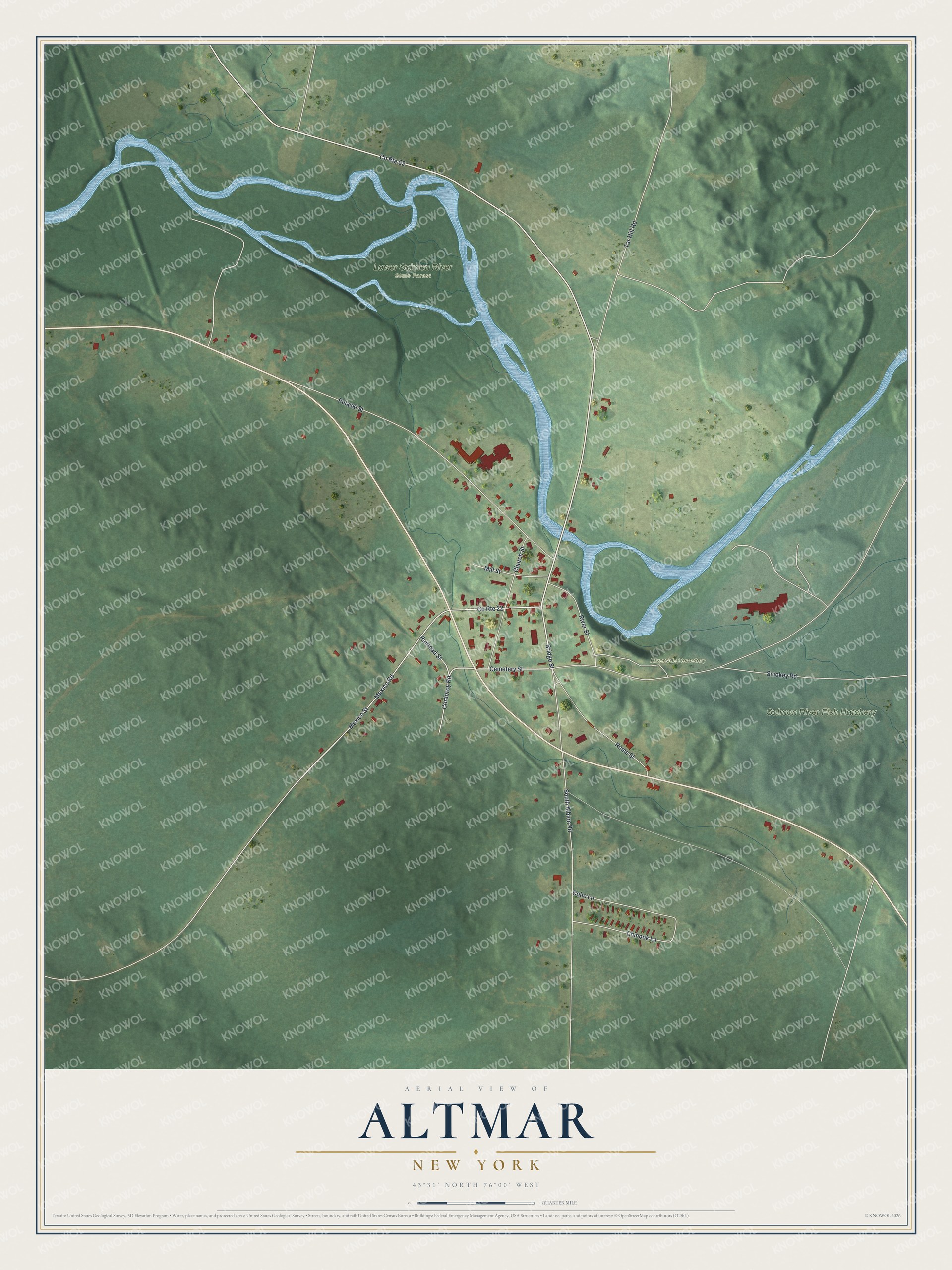 Full map of Altmar, New York, with red buildings, printed street names and the land around them