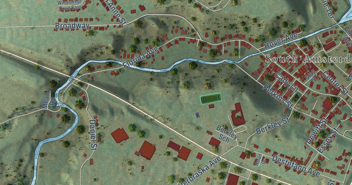 Close-up of streets and buildings in the City of Amsterdam, Montgomery County, New York