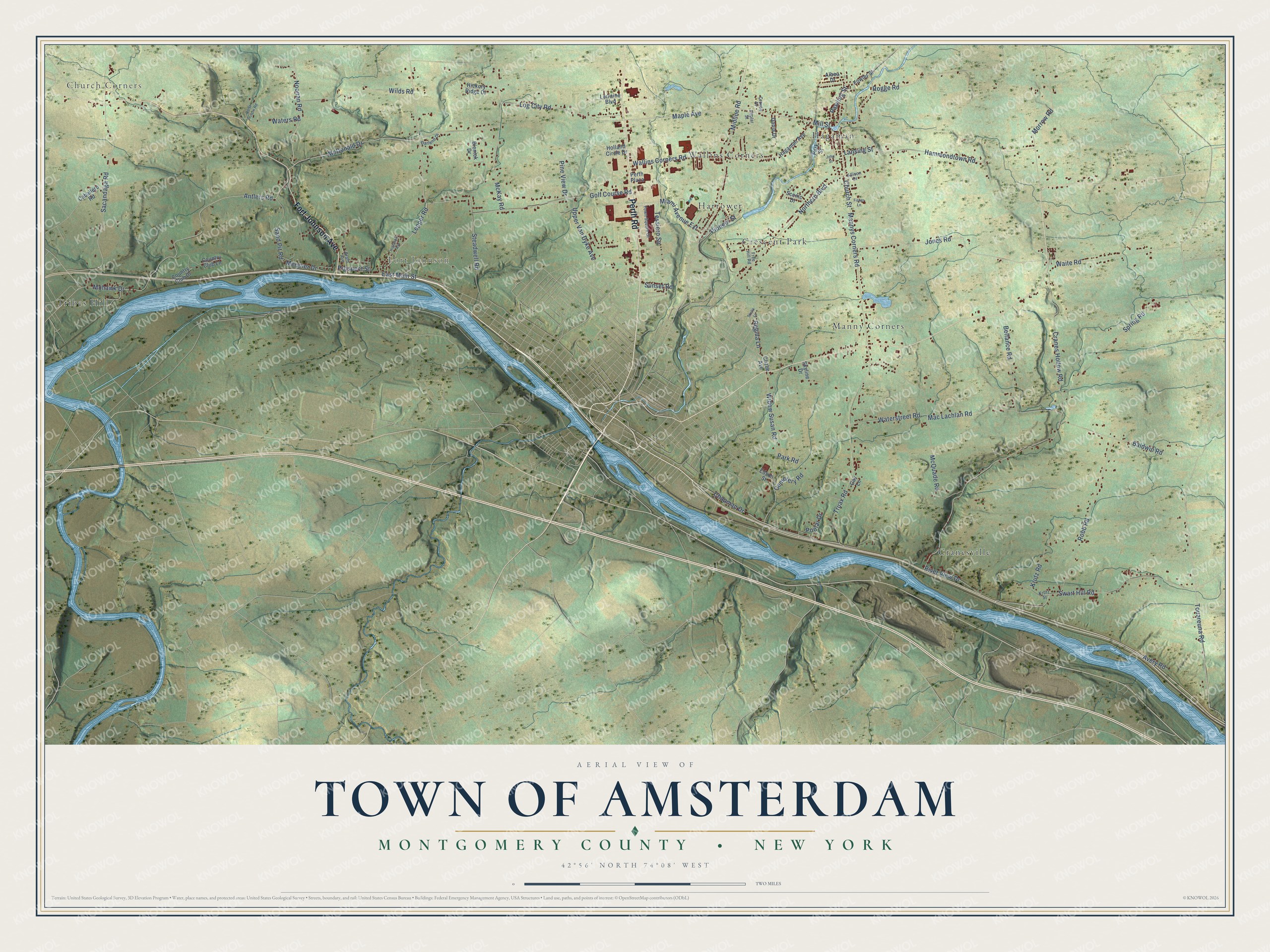Detailed map of the Town of Amsterdam, Montgomery County, New York, showing streets, buildings, and neighborhoods