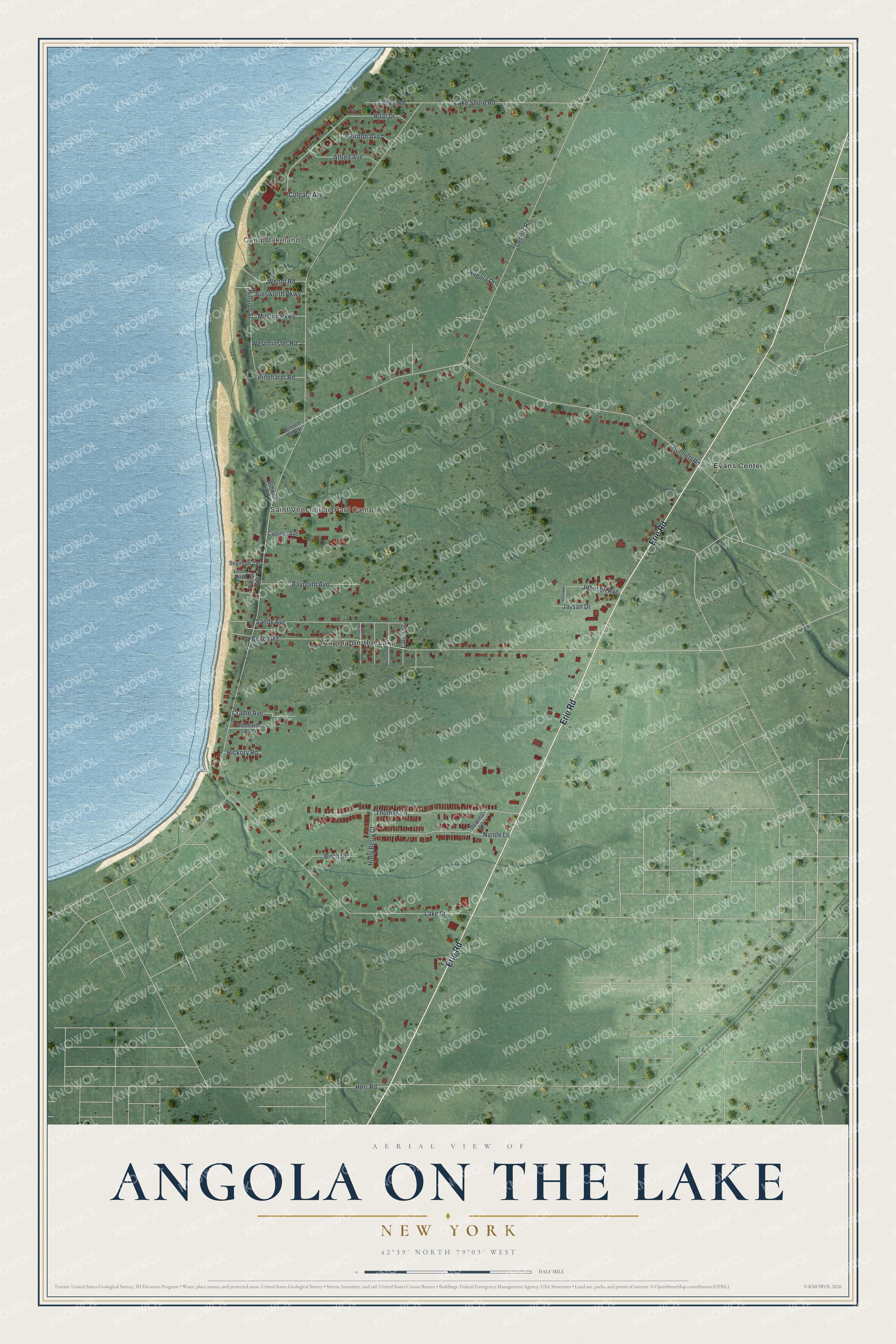 Full map of Angola on the Lake, New York, with red buildings, printed street names and the land around them