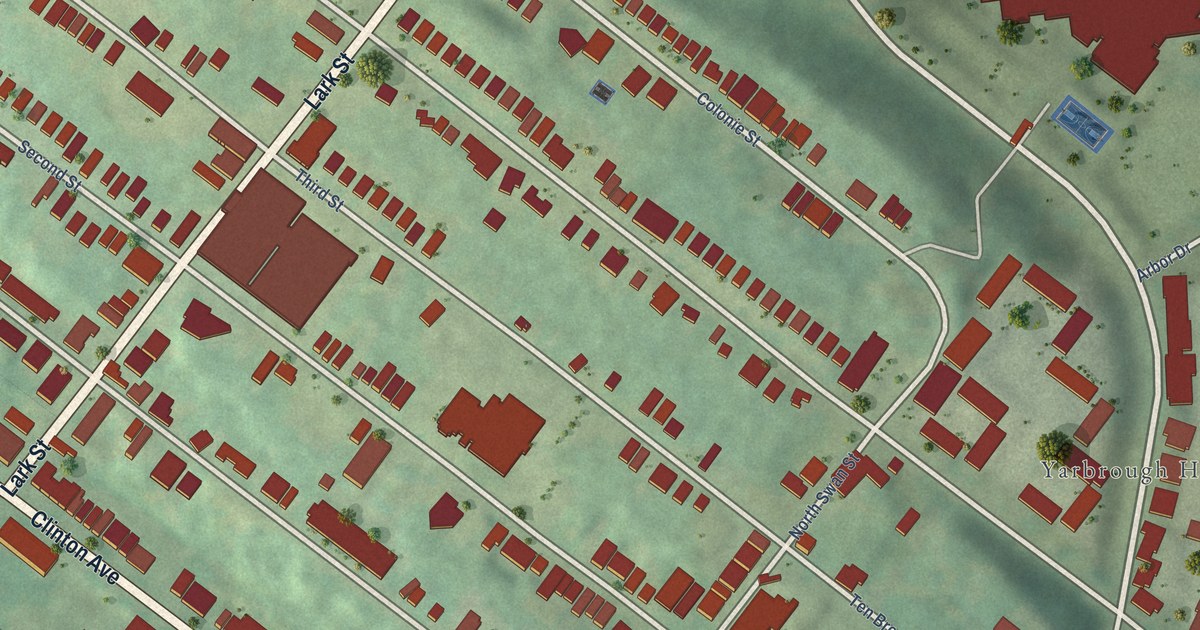 Close-up of streets and buildings in Arbor Hill, New York