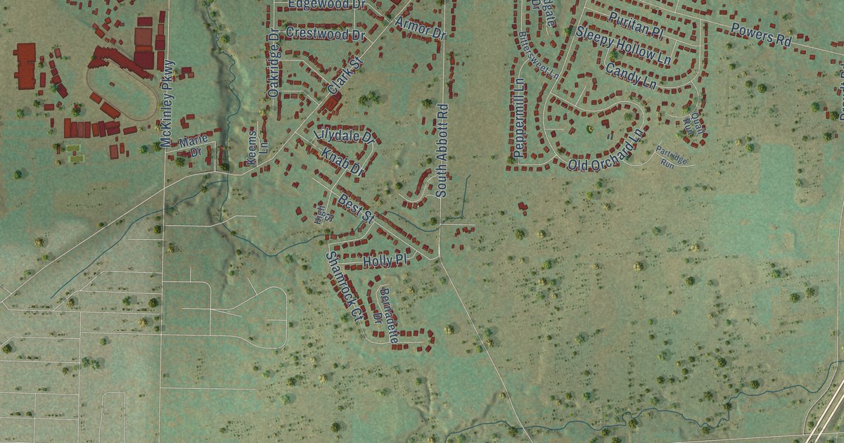 Close-up of streets and buildings in Armor, New York