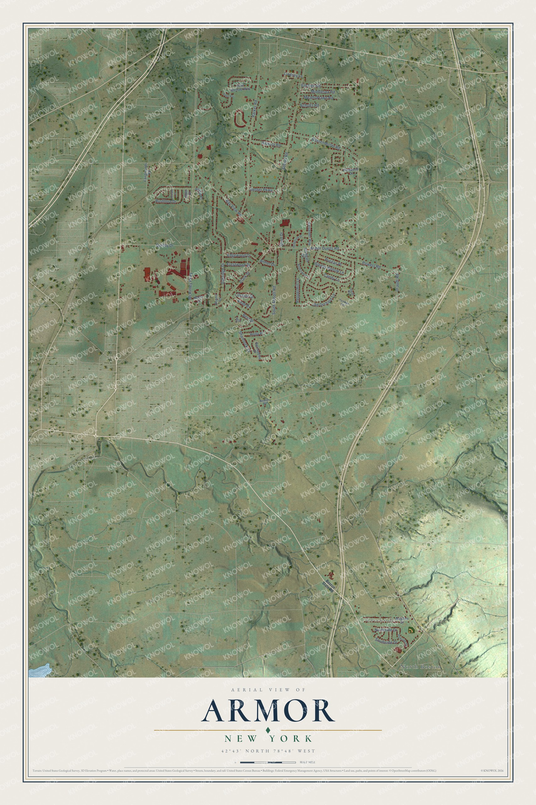 Full map of Armor, New York, with red buildings, printed street names and the land around them