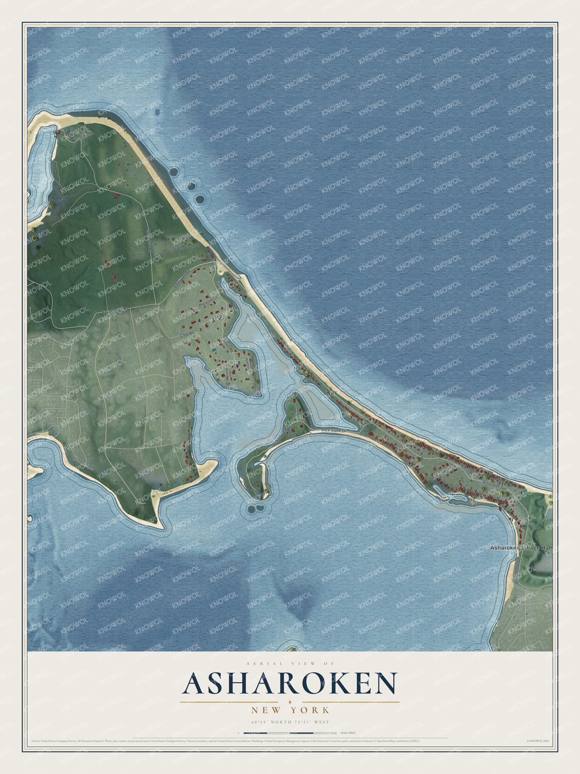 Full map of Asharoken, New York, with red buildings, printed street names and the land around them