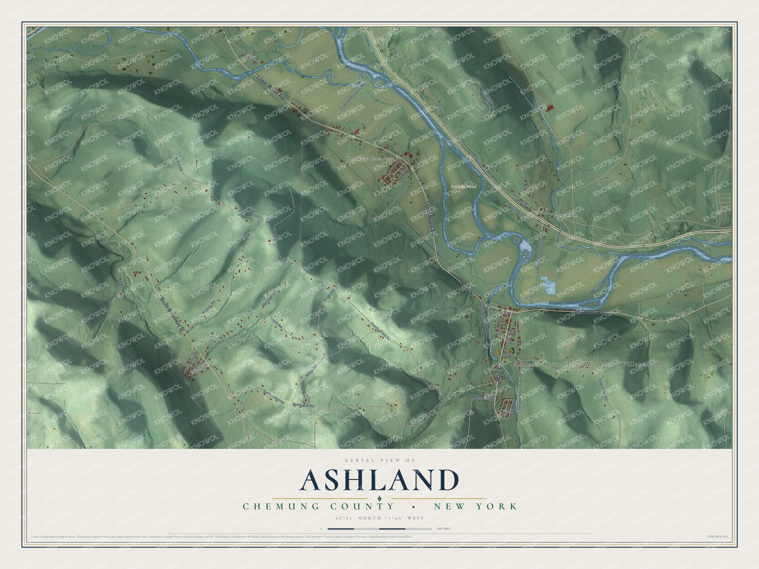 Detailed map of Ashland, Chemung County, New York, showing streets, buildings, and neighborhoods