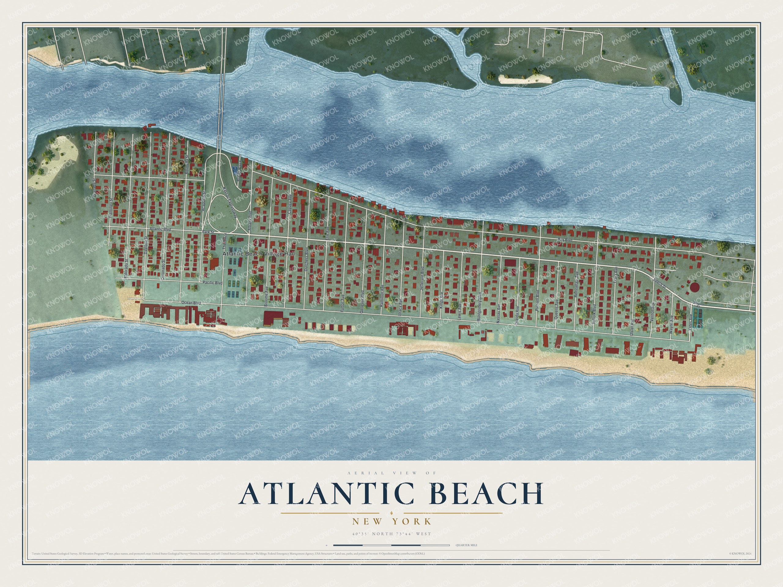 Full map of Atlantic Beach, New York, with red buildings, printed street names and the land around them