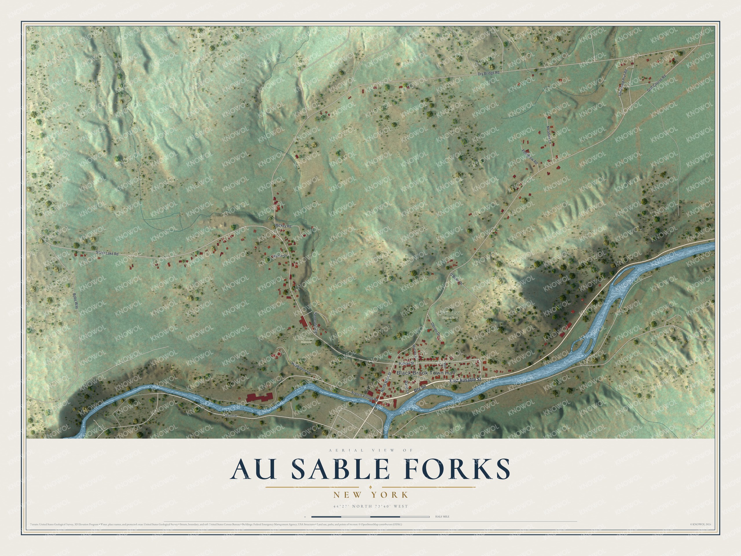 Full map of Au Sable Forks, New York, with red buildings, printed street names and the land around them