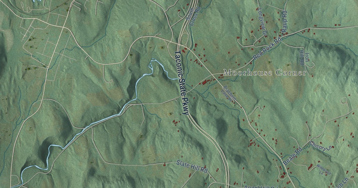 Close-up of streets and buildings in Austerlitz, New York