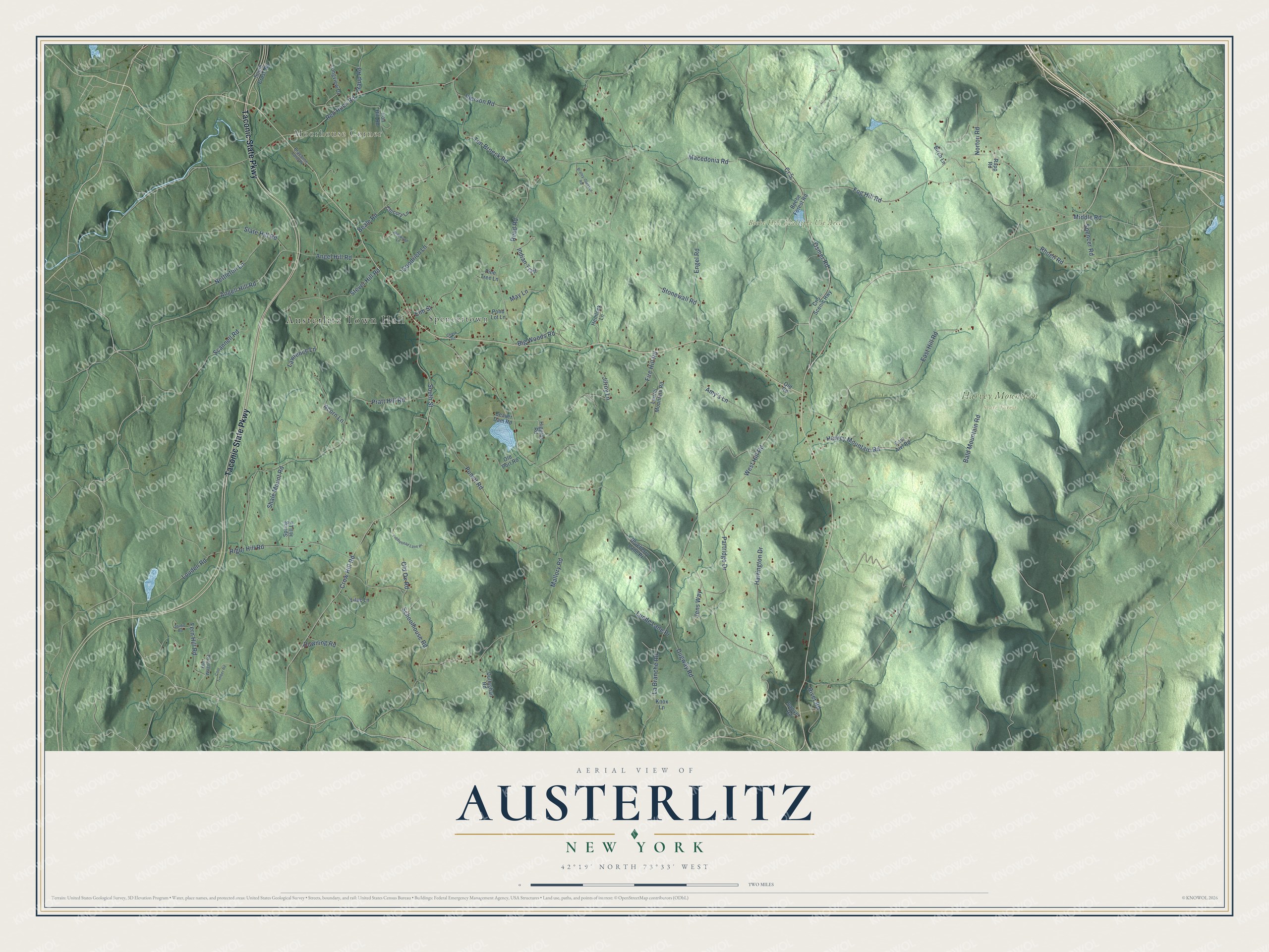Detailed map of Austerlitz, New York, showing streets, buildings, neighborhoods, and parks