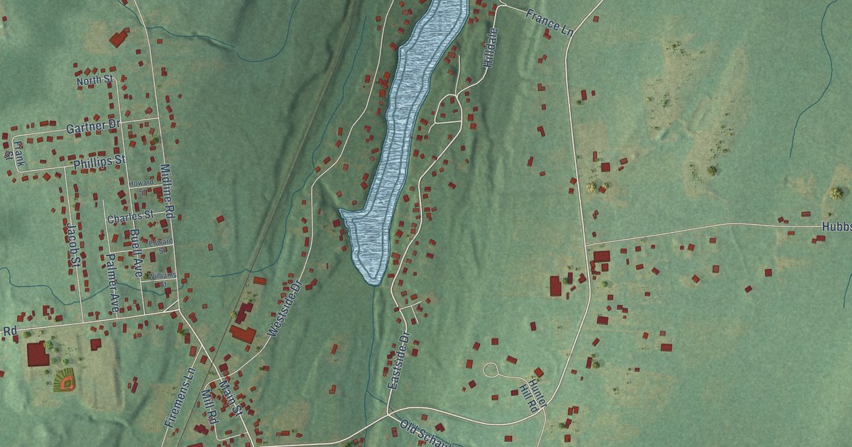 Close-up of streets and buildings in Ballston Lake, New York