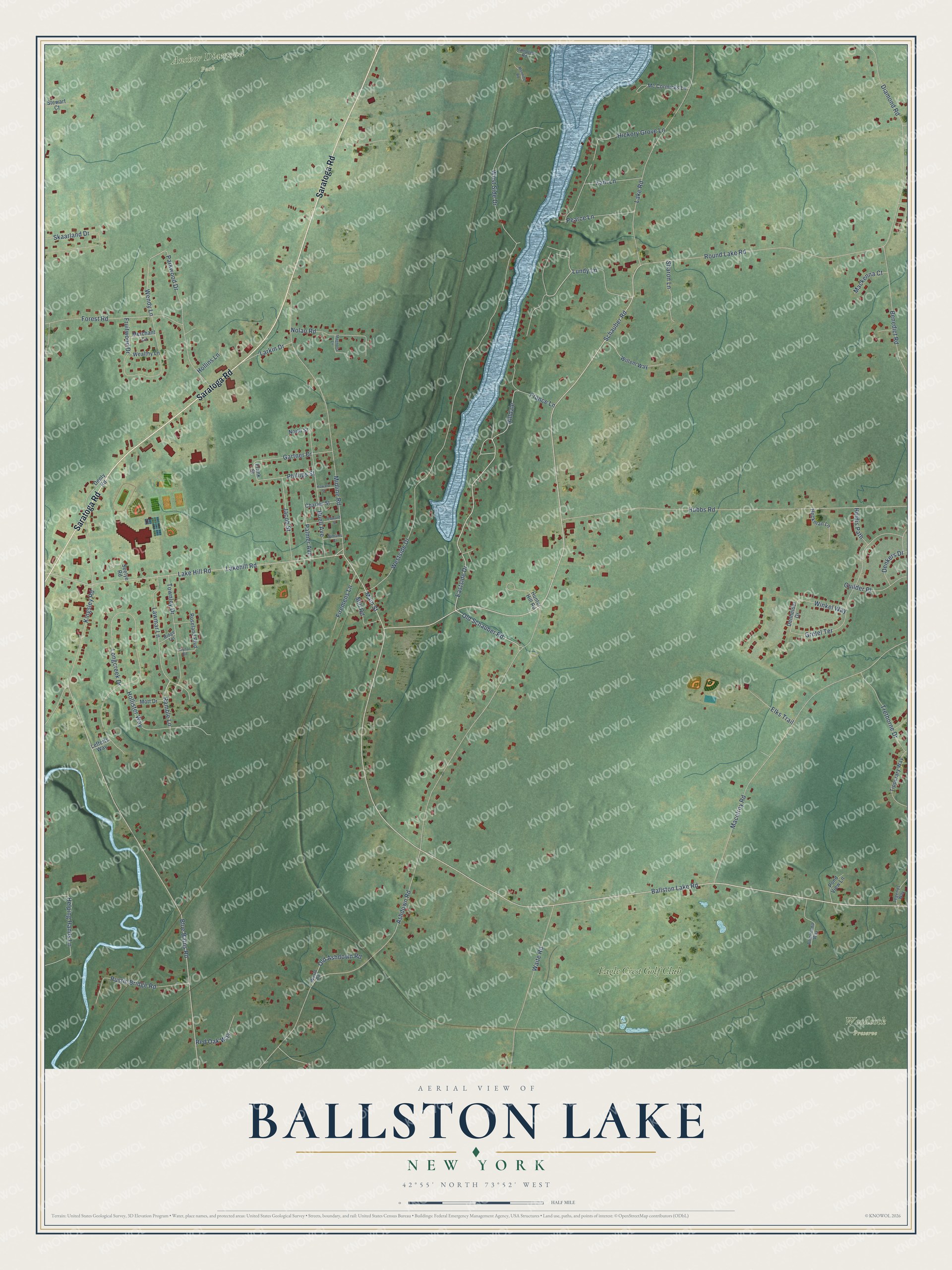 Full map of Ballston Lake, New York, with red buildings, printed street names and the land around them