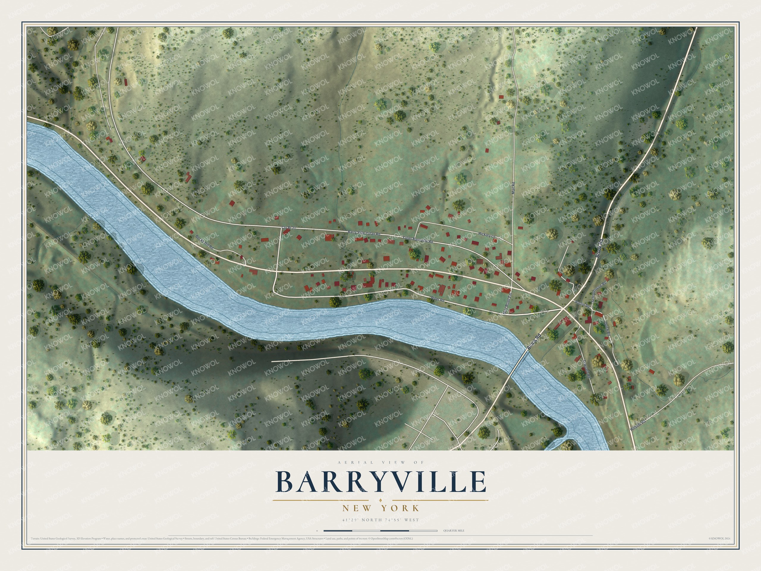 Full map of Barryville, New York, with red buildings, printed street names and the land around them