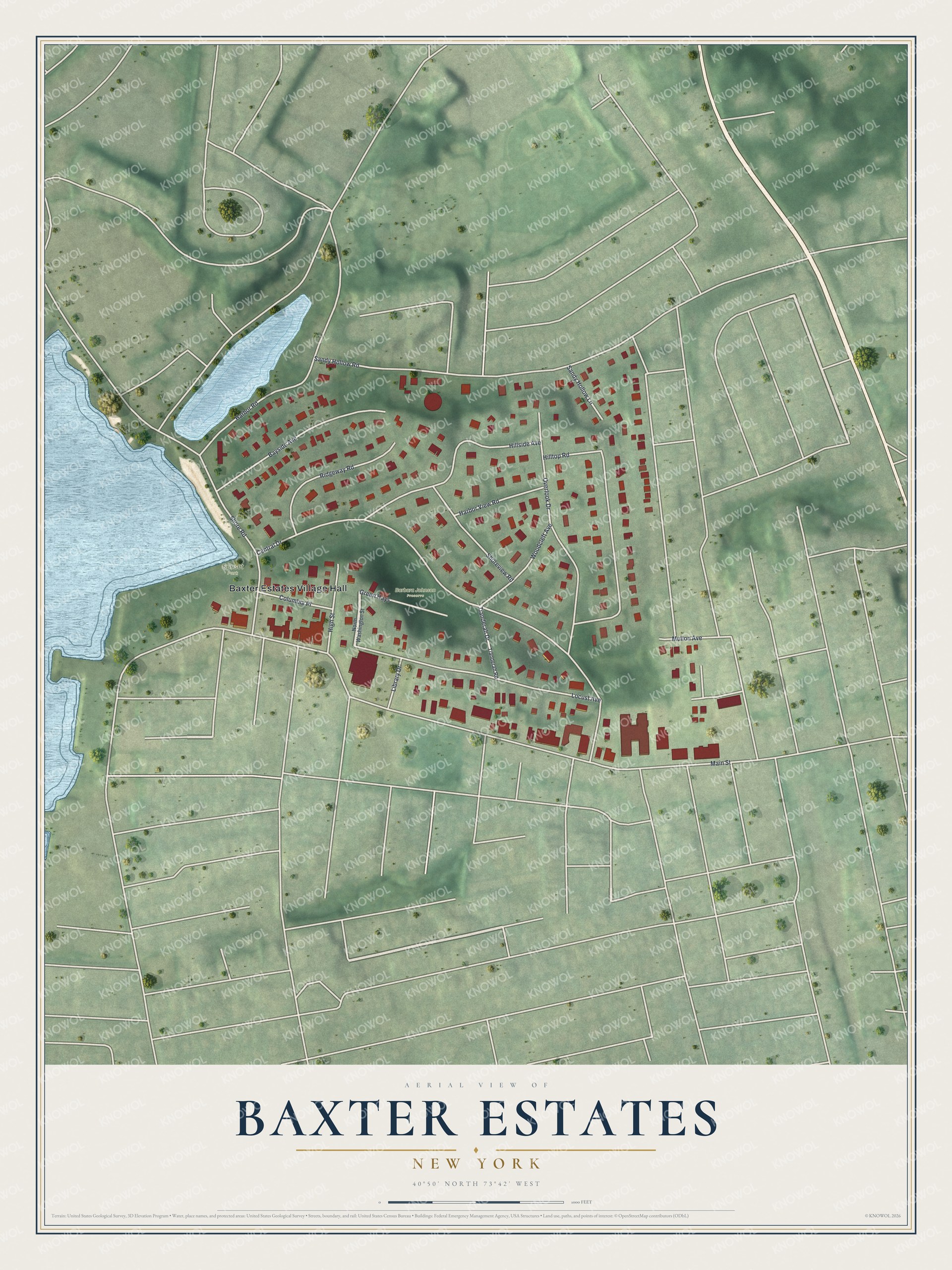 Full map of Baxter Estates, New York, with red buildings, printed street names and the land around them