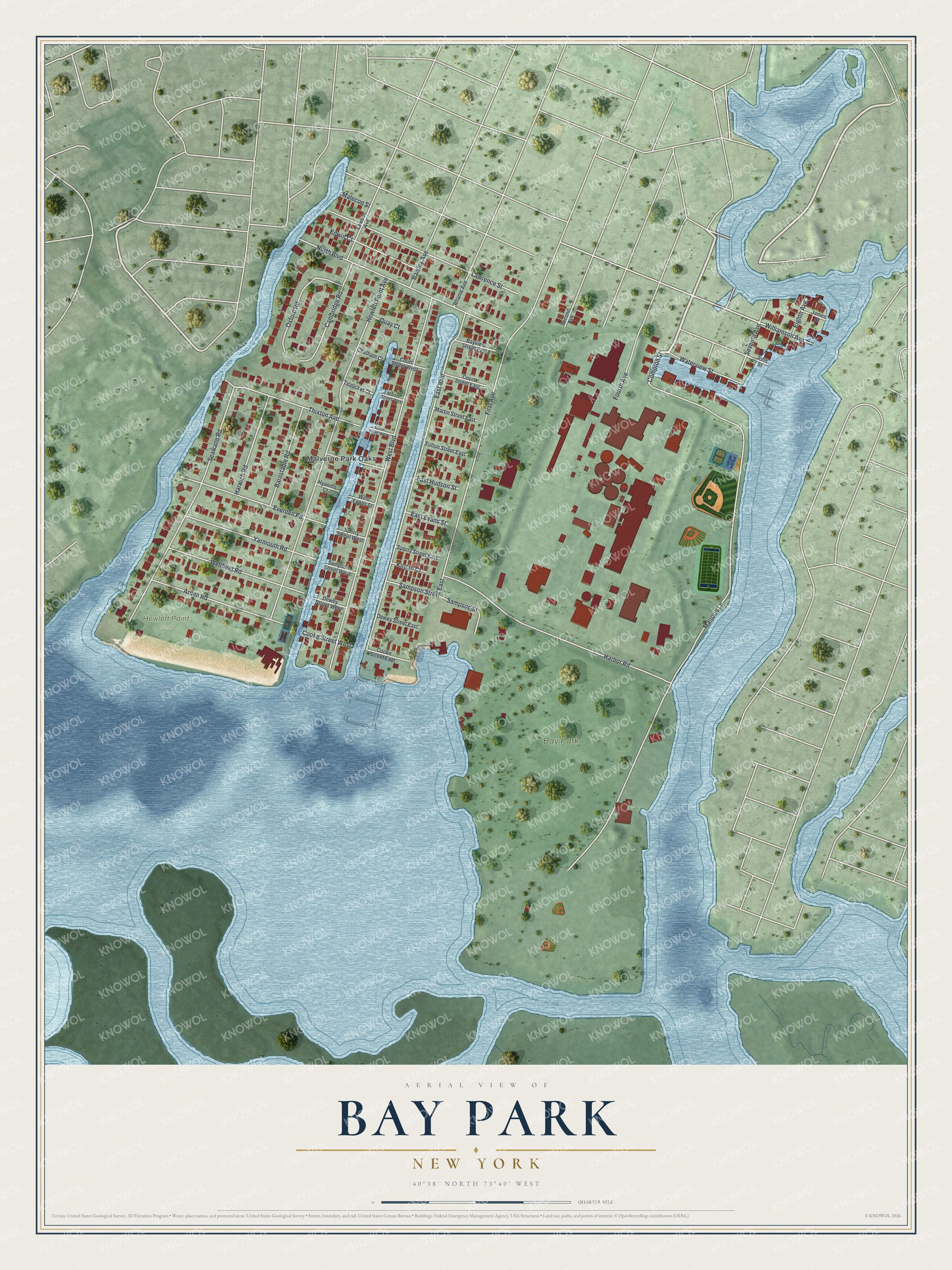 Full map of Bay Park, New York, with red buildings, printed street names and the land around them